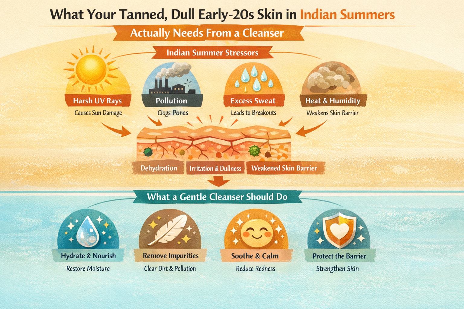 Infographic showing how Indian summer heat, UV, sweat and pollution affect tanned, dull skin and what a gentle cleanser should do.