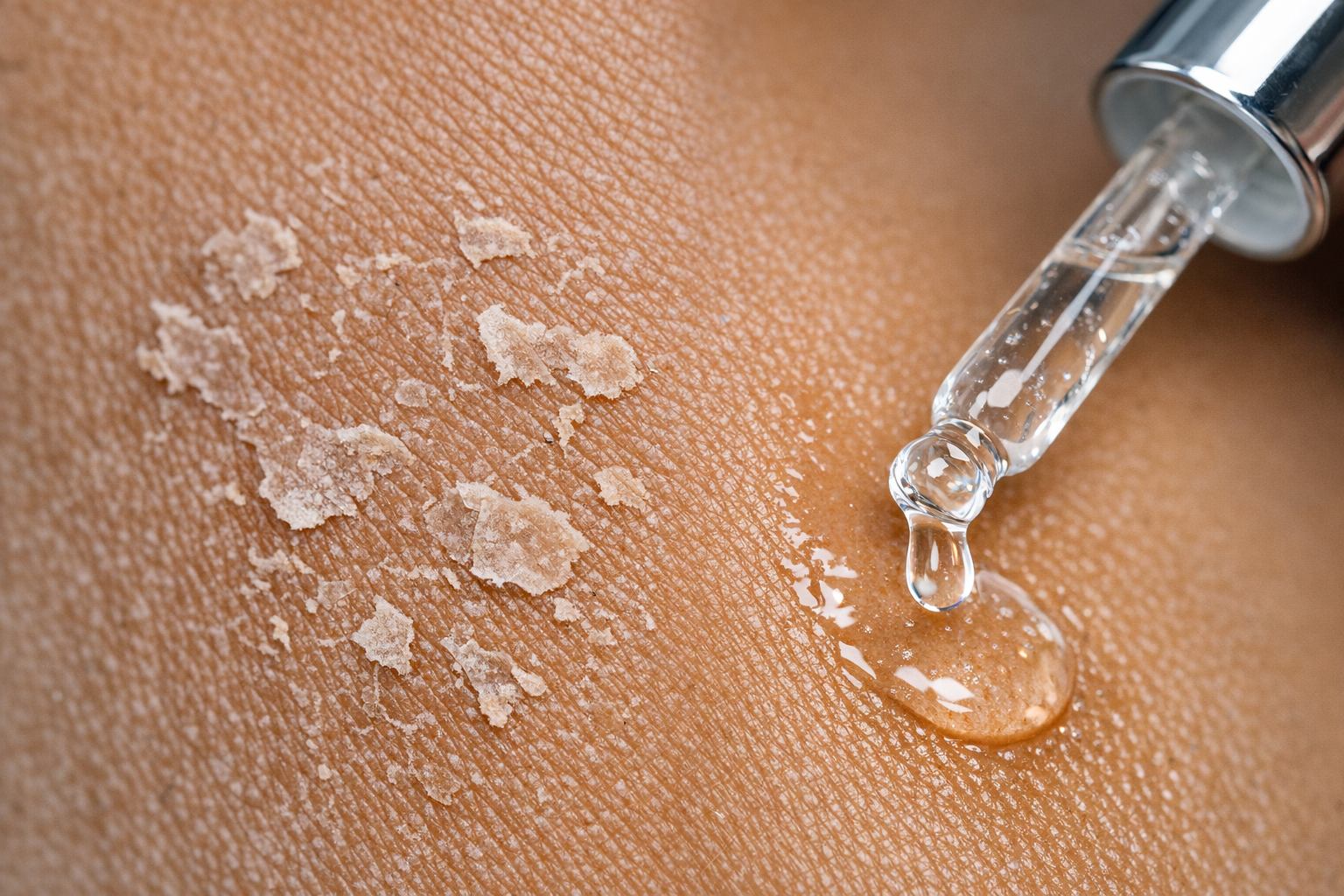 Close-up of dry, flaky patch on brown skin next to a gentle hydrating serum being applied.