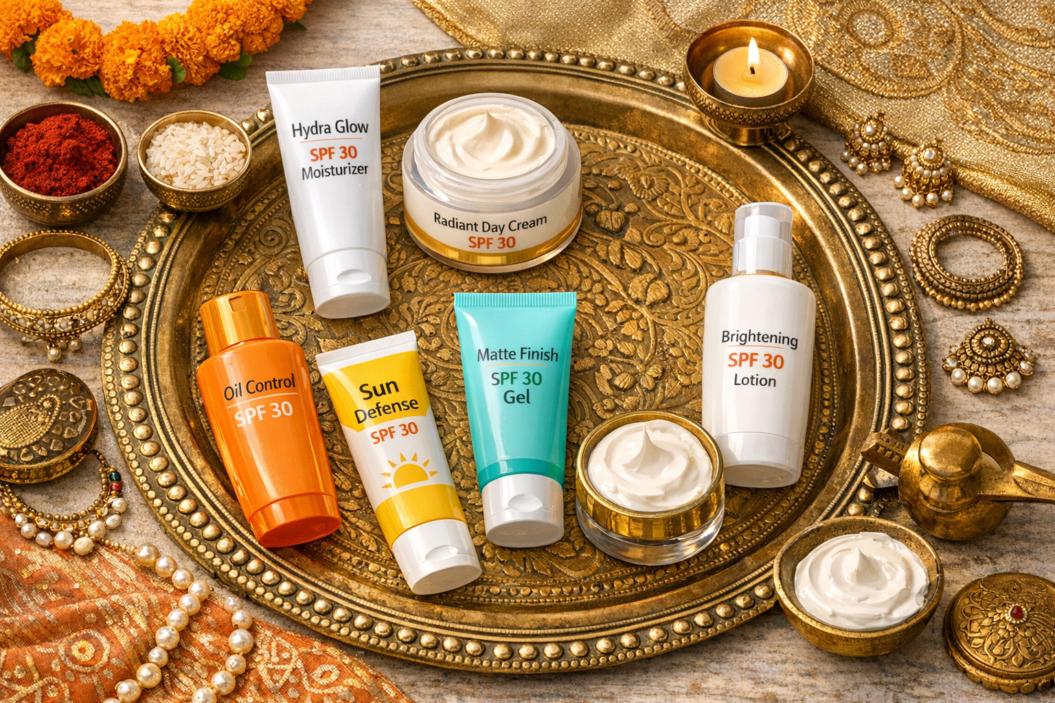 Flatlay of different SPF 30 moisturizers, day creams, and sunscreens on a vanity with Indian decor elements