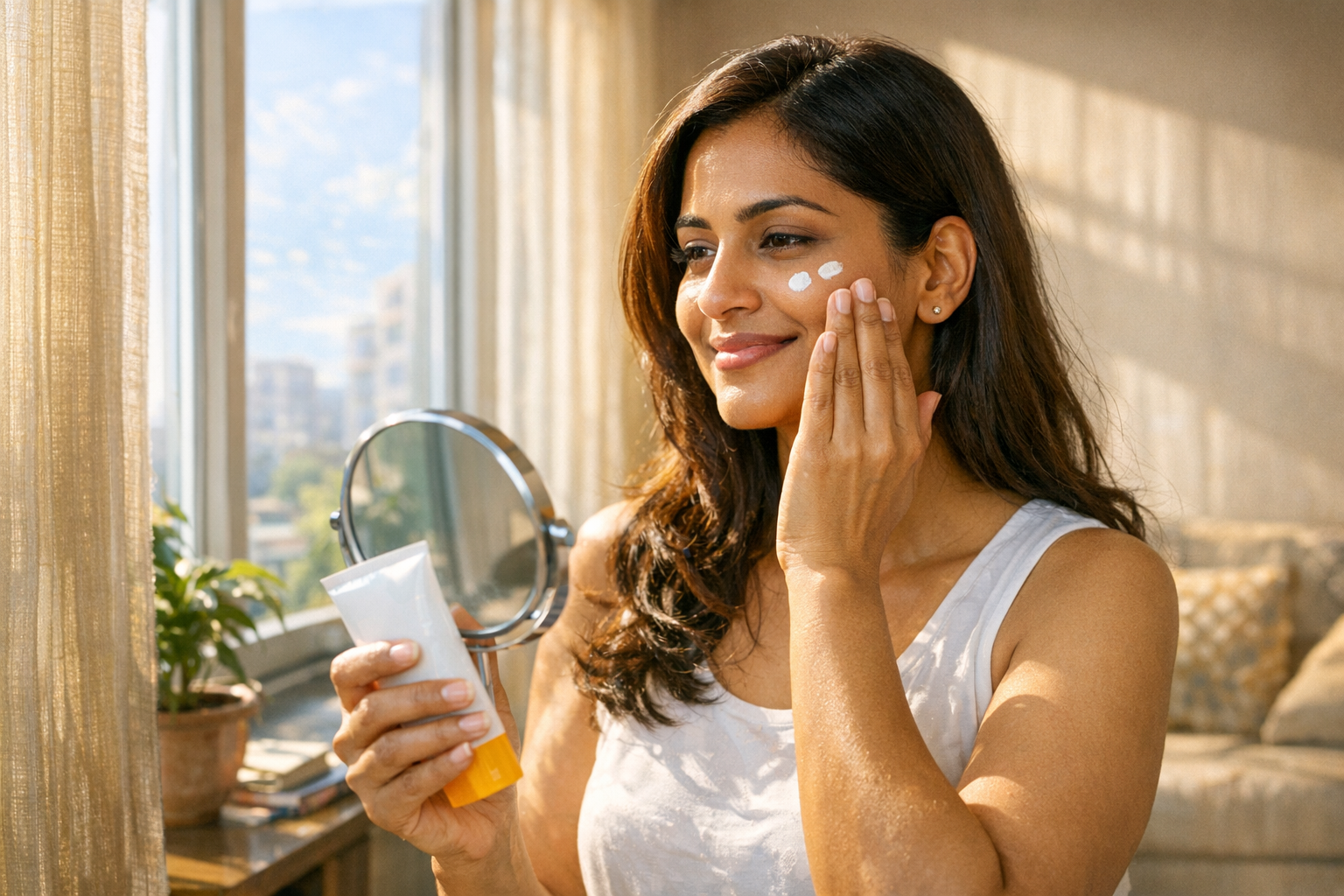 Indian woman in an apartment applying sunscreen while sunlight streams through a large window