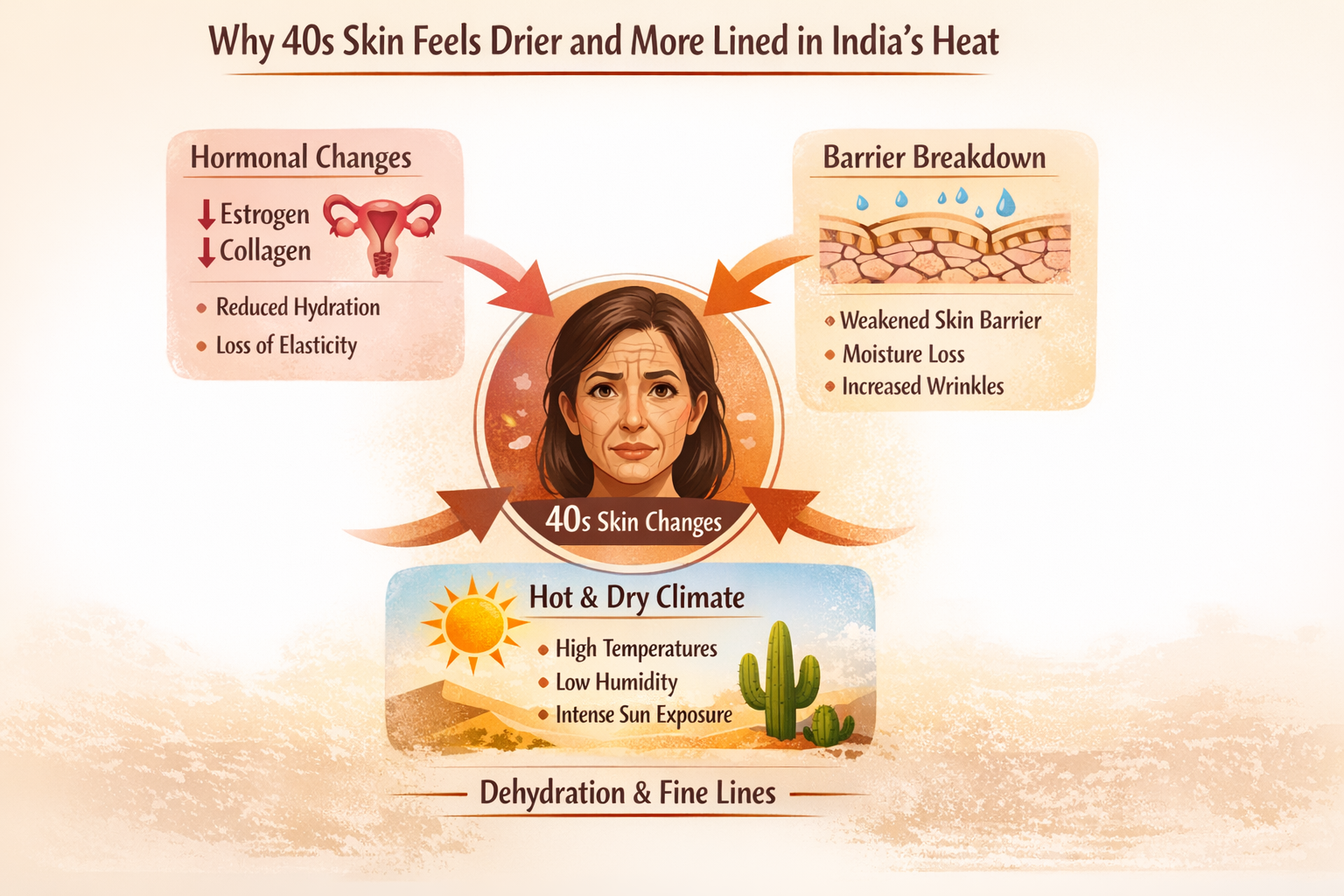 Infographic showing how age, hormones and Indian climate together dry out 40s skin and increase fine lines