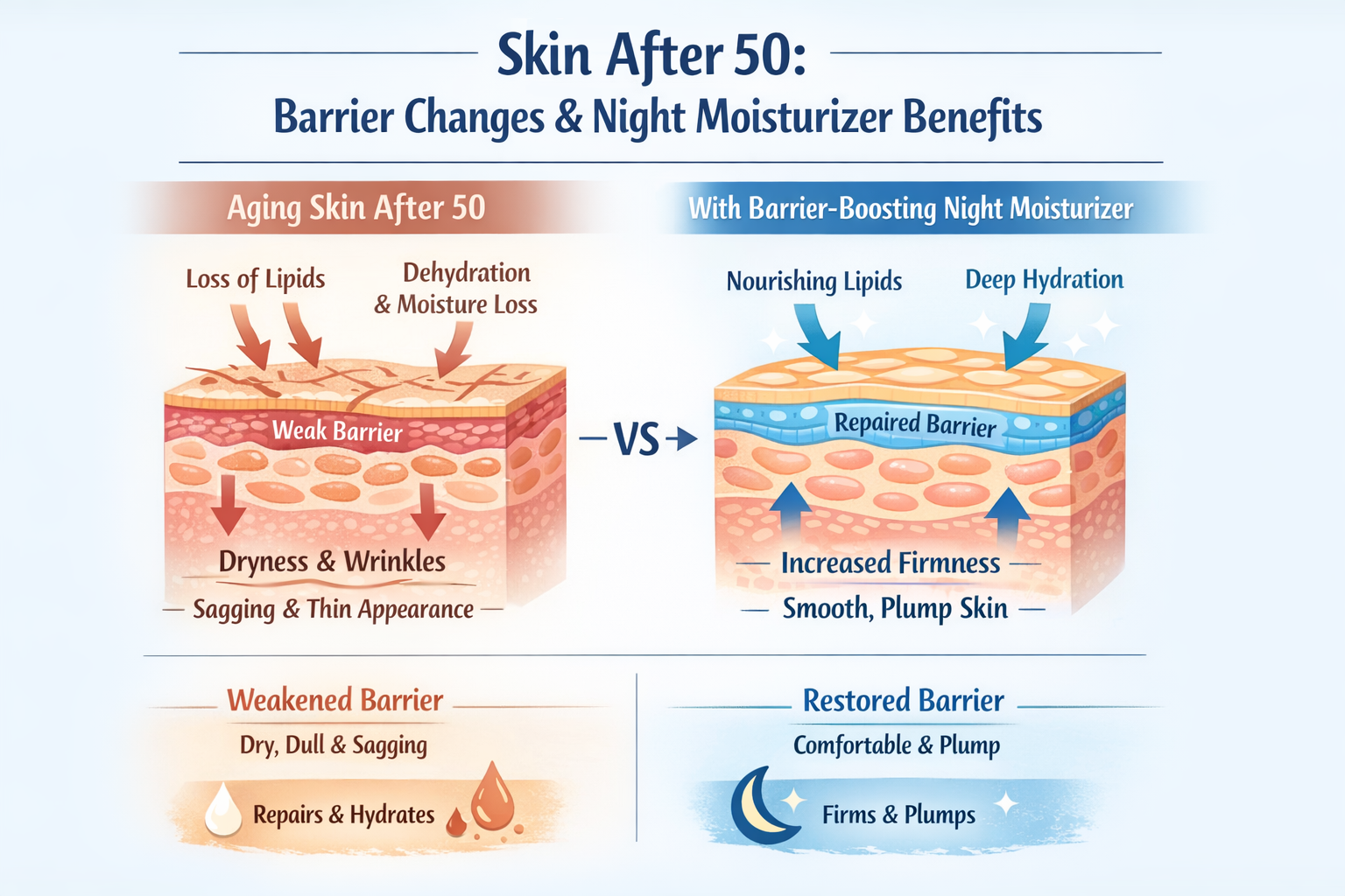 Infographic diagram showing how skin after 50 loses lipids and moisture, and how a barrier-supporting night moisturizer helps with comfort and plumpness.