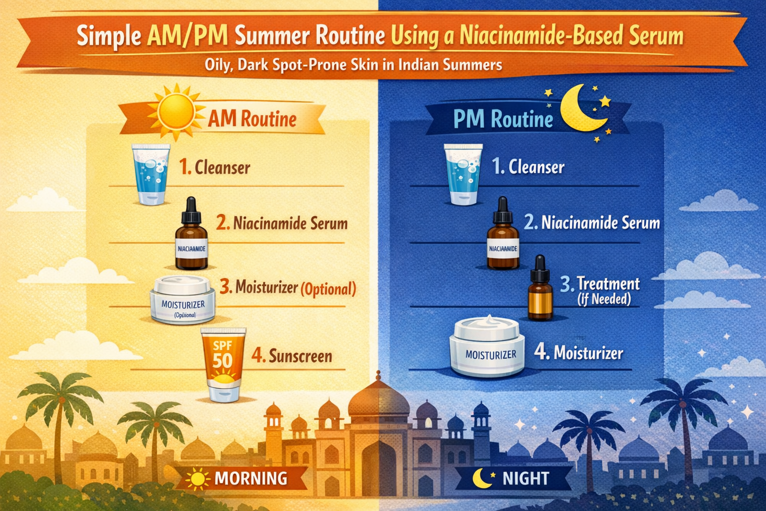 Infographic showing AM and PM routine order for oily, dark-spot-prone skin in Indian summers using a niacinamide serum and sunscreen.