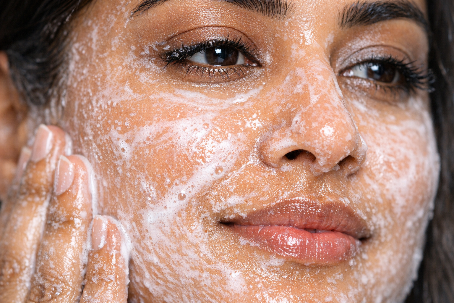 Close-up of an oil-to-milk cleanser emulsifying into a milky texture on an Indian womans face