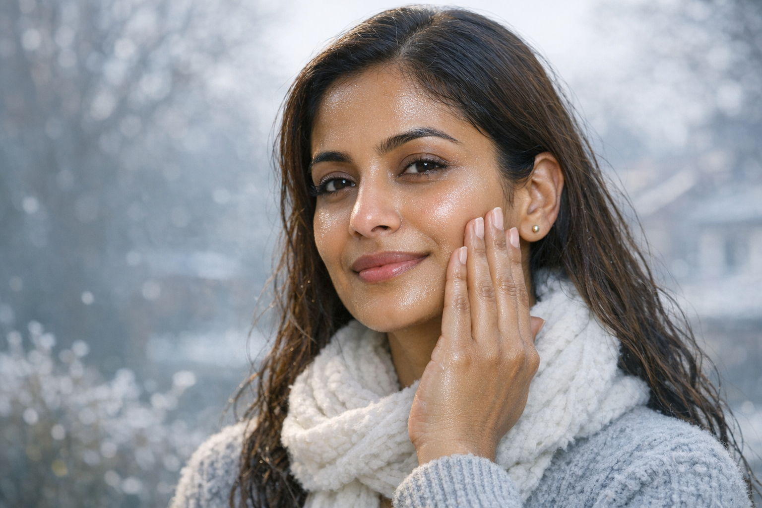 Indian woman with combination-oily skin gently touching her cheek on a cool winter morning
