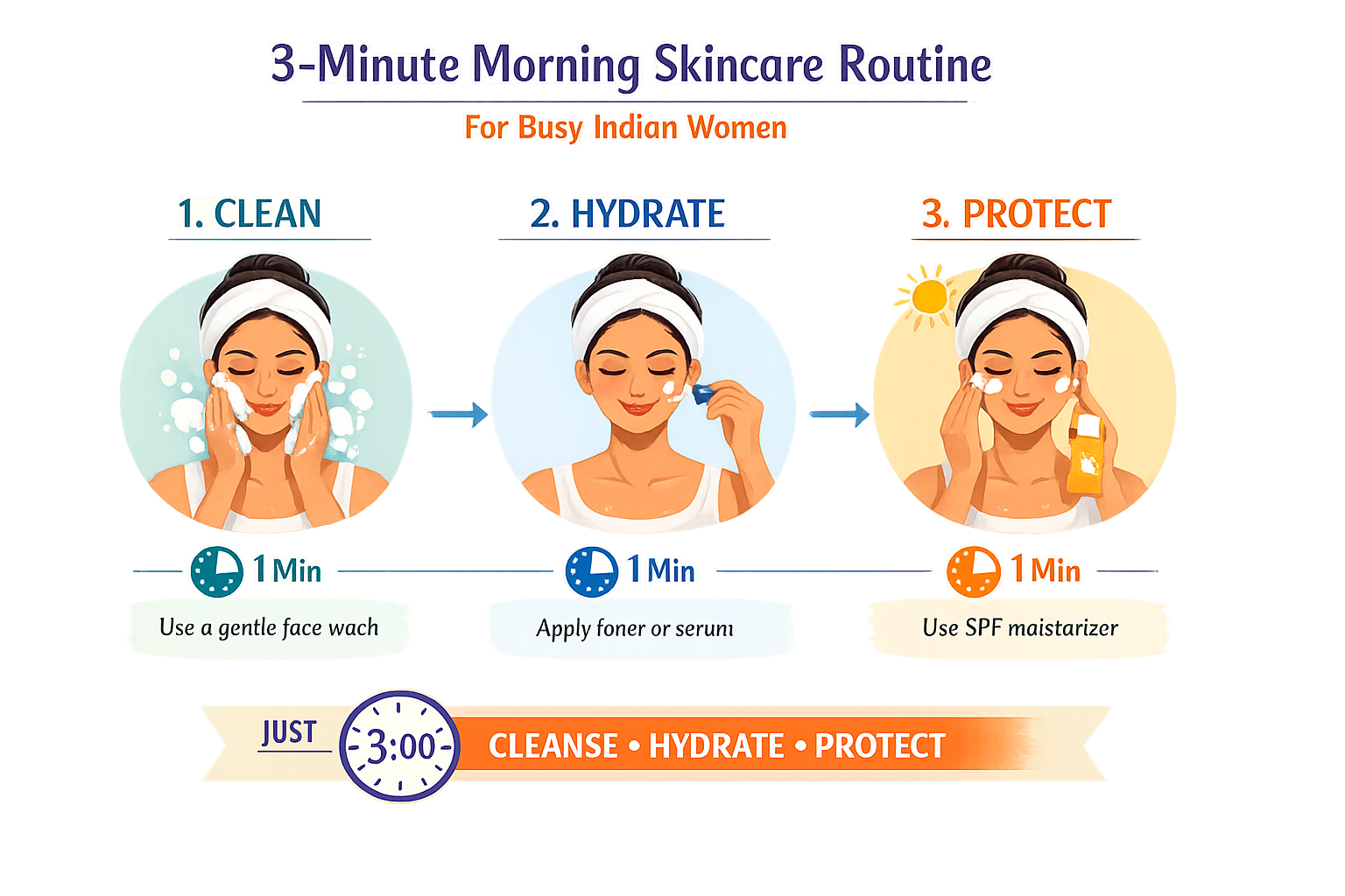 Infographic of a 3-minute Indian morning skincare routine showing Clean, Hydrate, Protect steps with timing.
