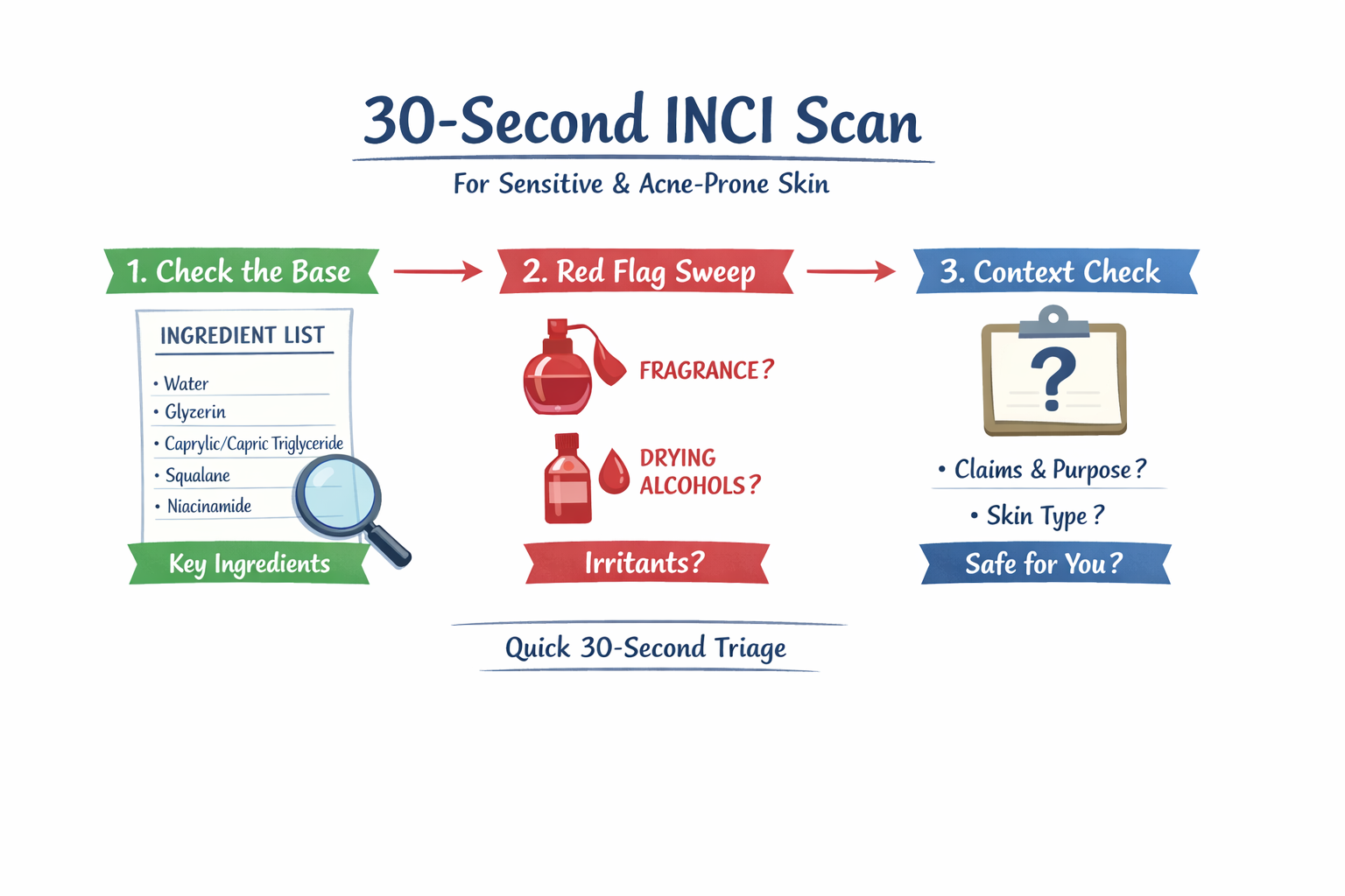 Infographic diagram showing a 30‑second INCI scan: top 5–7 ingredients as base, red‑flag sweep for fragrance and drying alcohols, and quick context check.