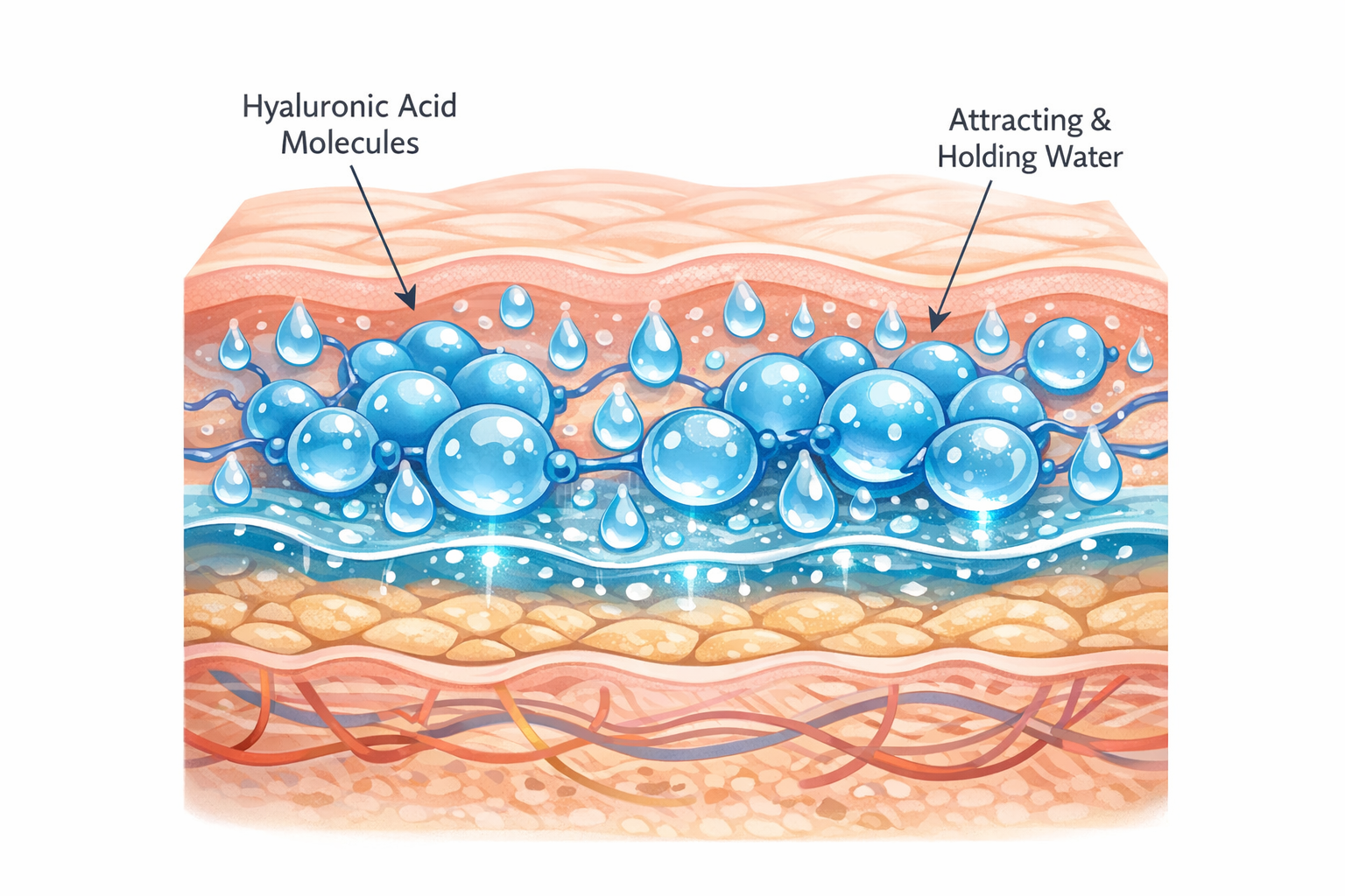 Illustration of hyaluronic acid molecules in the skin holding water in the upper layers