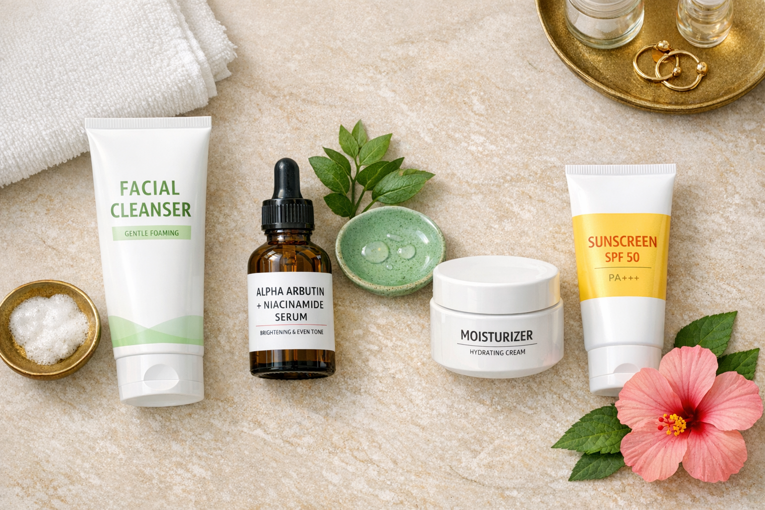 Flatlay of a simple Indian morning skincare routine with cleanser, serum, moisturizer and sunscreen on a bathroom counter