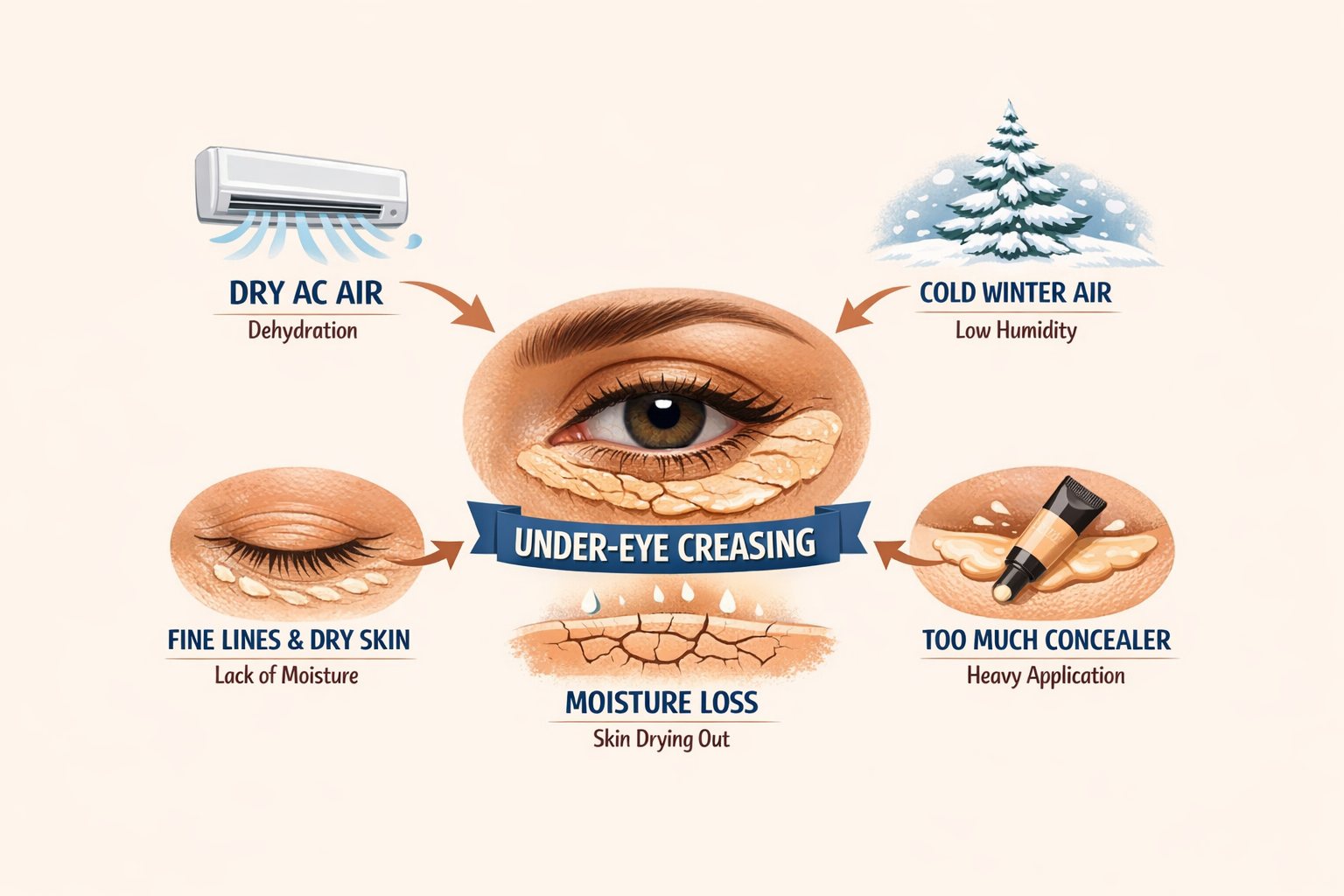 Infographic diagram showing how AC, winter air, dryness, fine lines and too much concealer all lead to under-eye creasing.