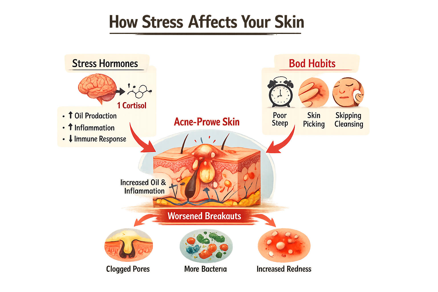 Infographic showing how internal stress hormones and everyday habits like poor sleep, picking and skipping cleansing combine to worsen breakouts.
