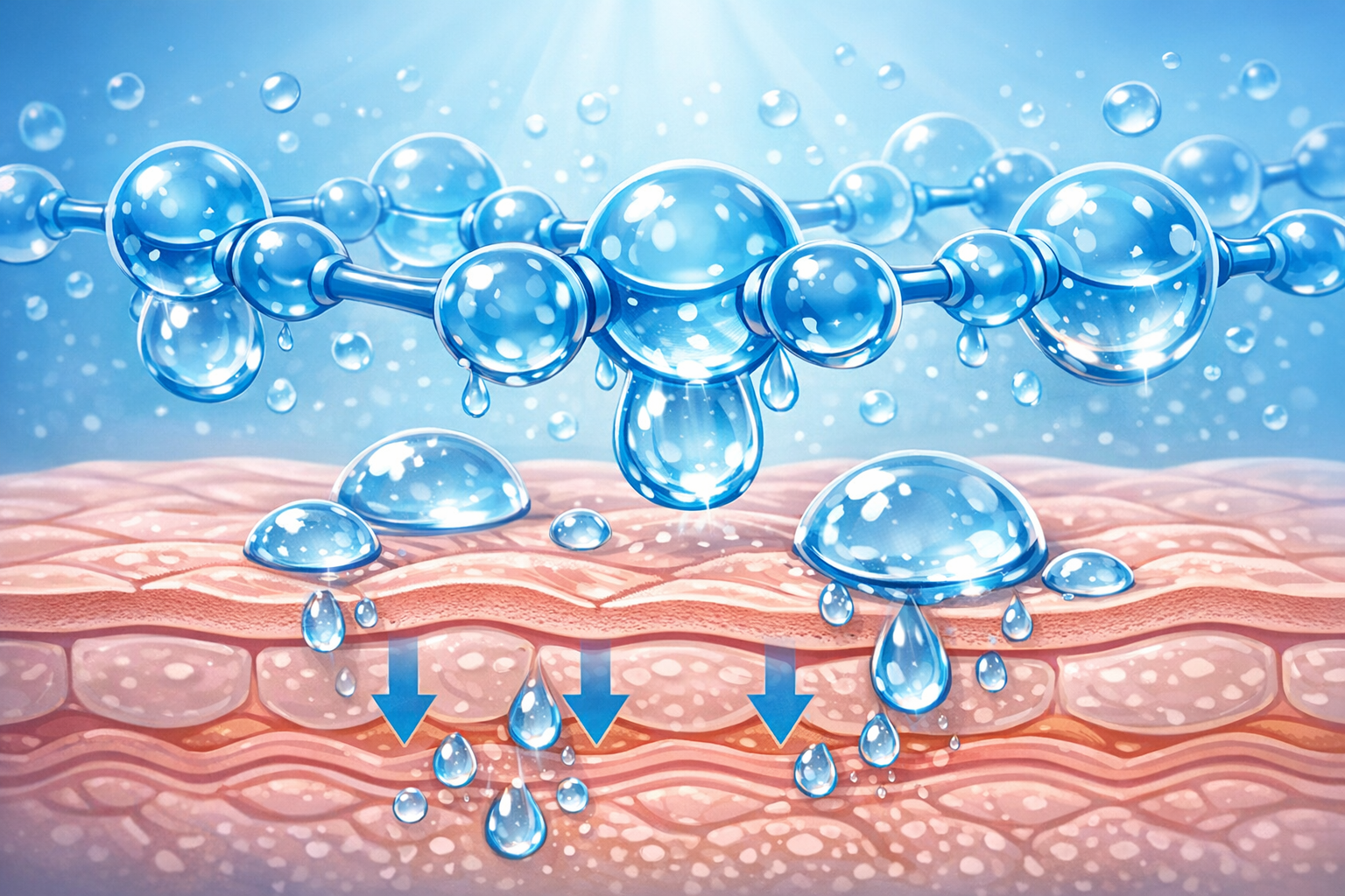 Illustration of hyaluronic acid molecules holding water droplets on the surface of the skin