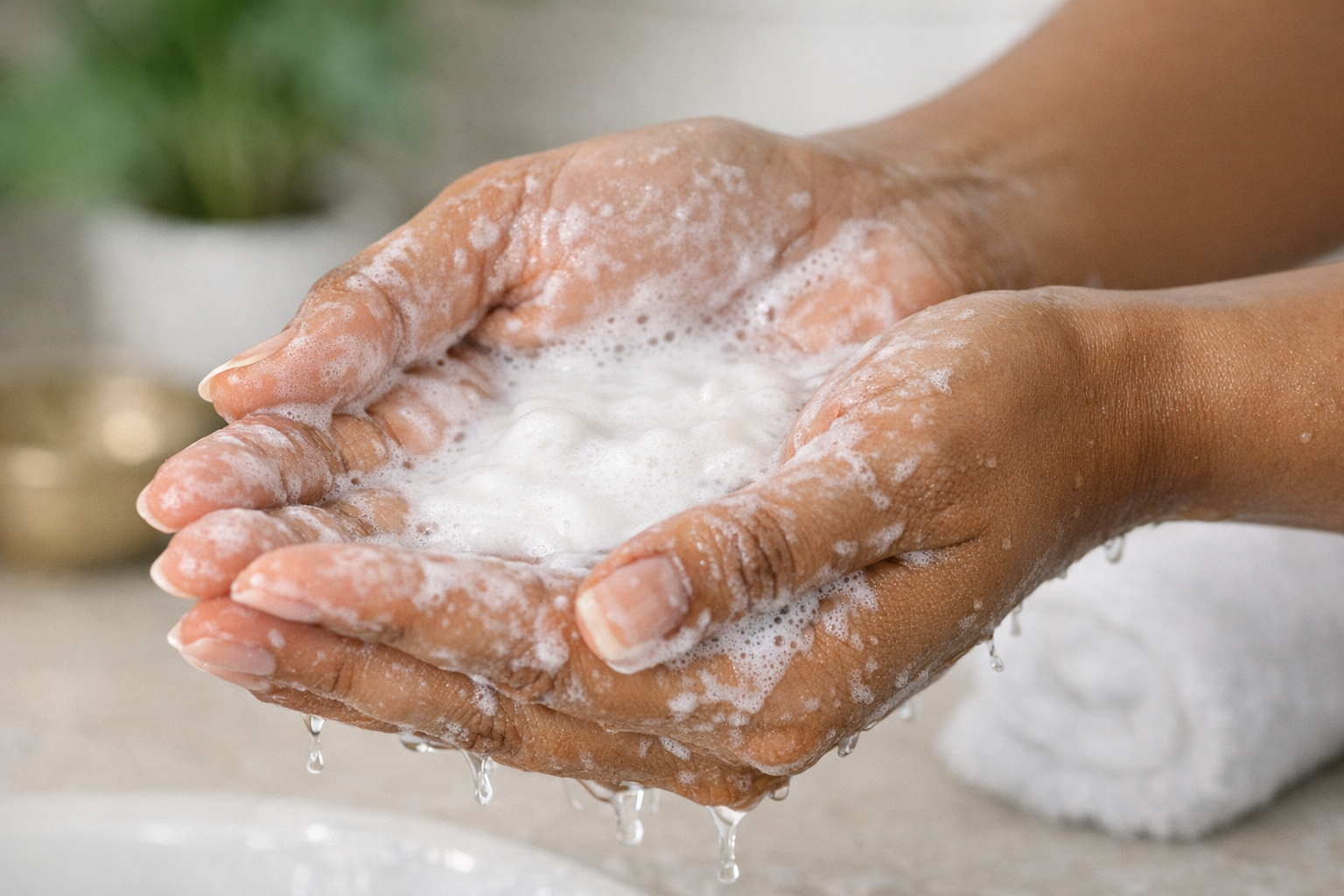 Oil-to-milk facial cleanser being emulsified with water in someone’s hands