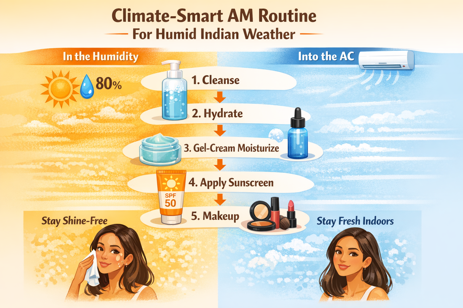 Infographic diagram of a climate-smart morning skincare and makeup prep routine for humid Indian weather.