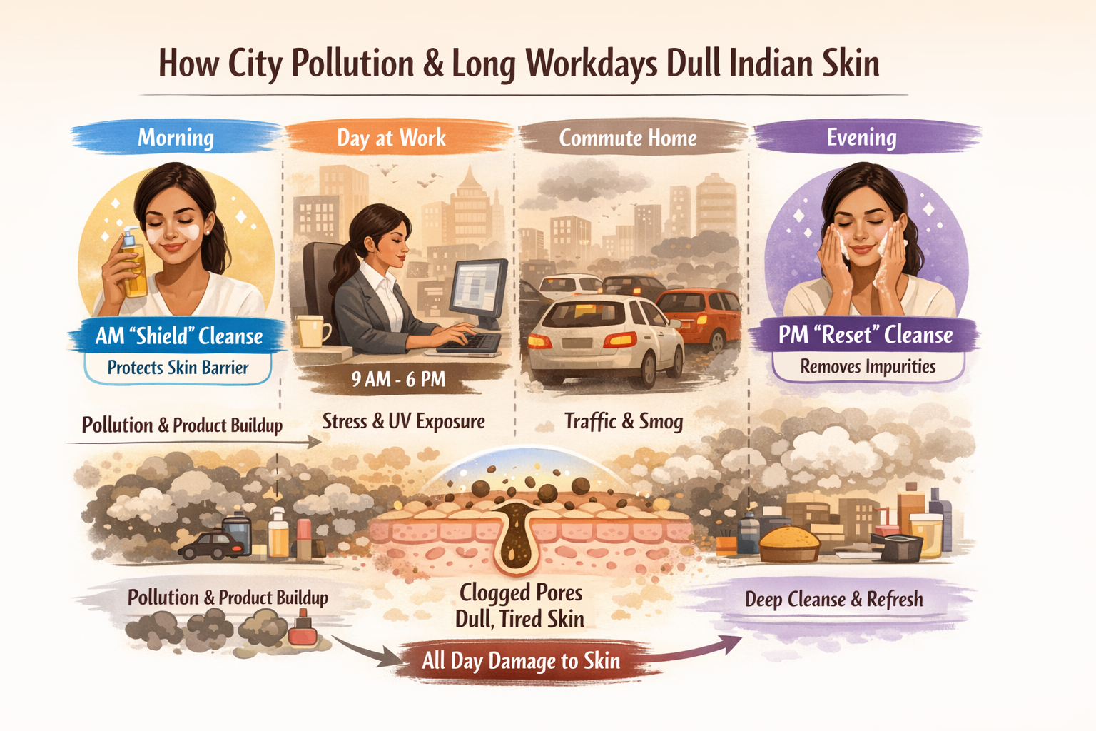 Infographic showing how a busy day in city pollution impacts the skin and where cleansing fits in morning and night.
