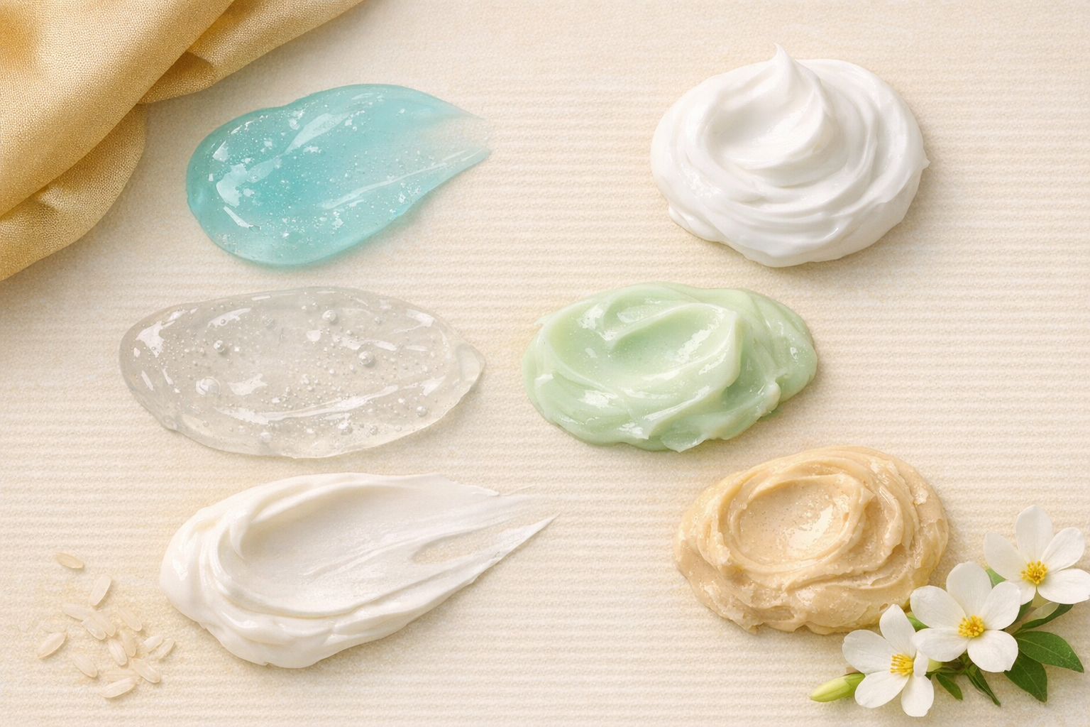 Flatlay of different gel and cream textures suitable for Indian skin types on a soft background.