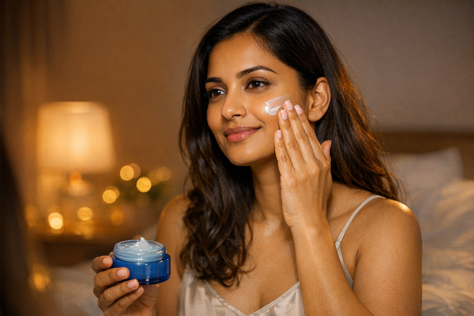 Indian woman applying gel-based night cream before bed with soft bedroom lighting.