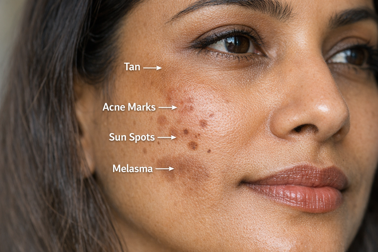 Close-up of Indian woman’s cheek showing different types of pigmentation and dark spots in natural light.