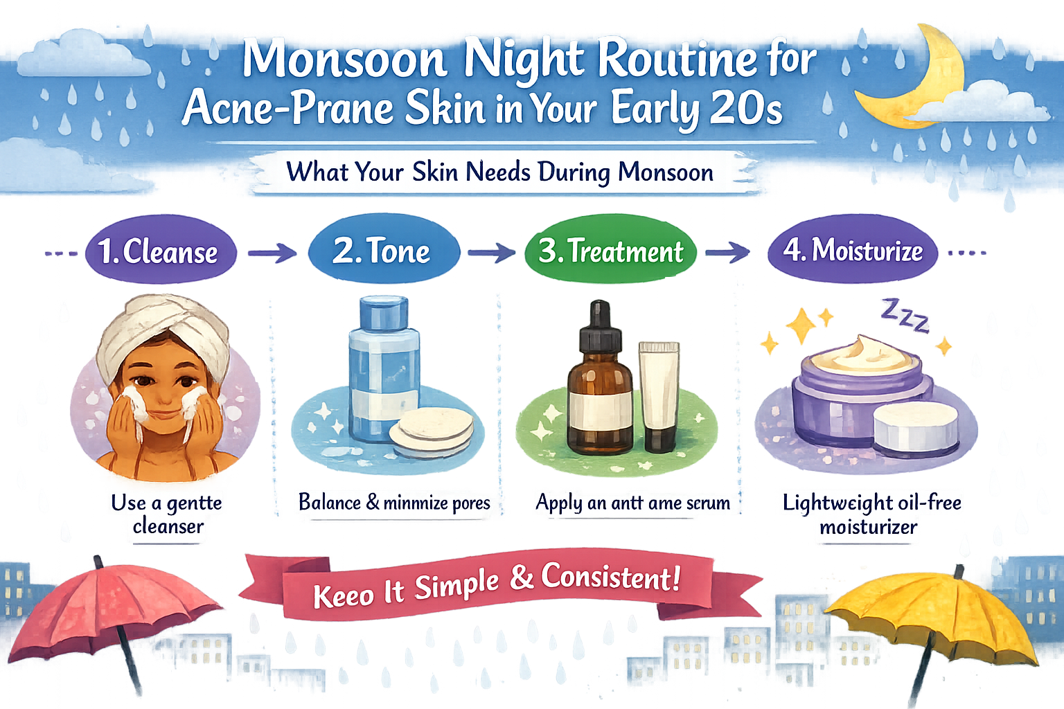 Infographic flow of monsoon-night routine for acne-prone skin in early 20s with 3–4 simple steps