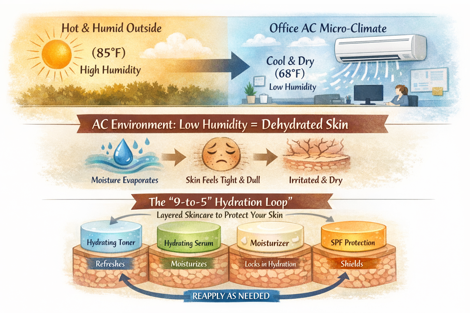 Infographic explaining how office AC creates a low-humidity micro-climate and how layered hydration protects skin.