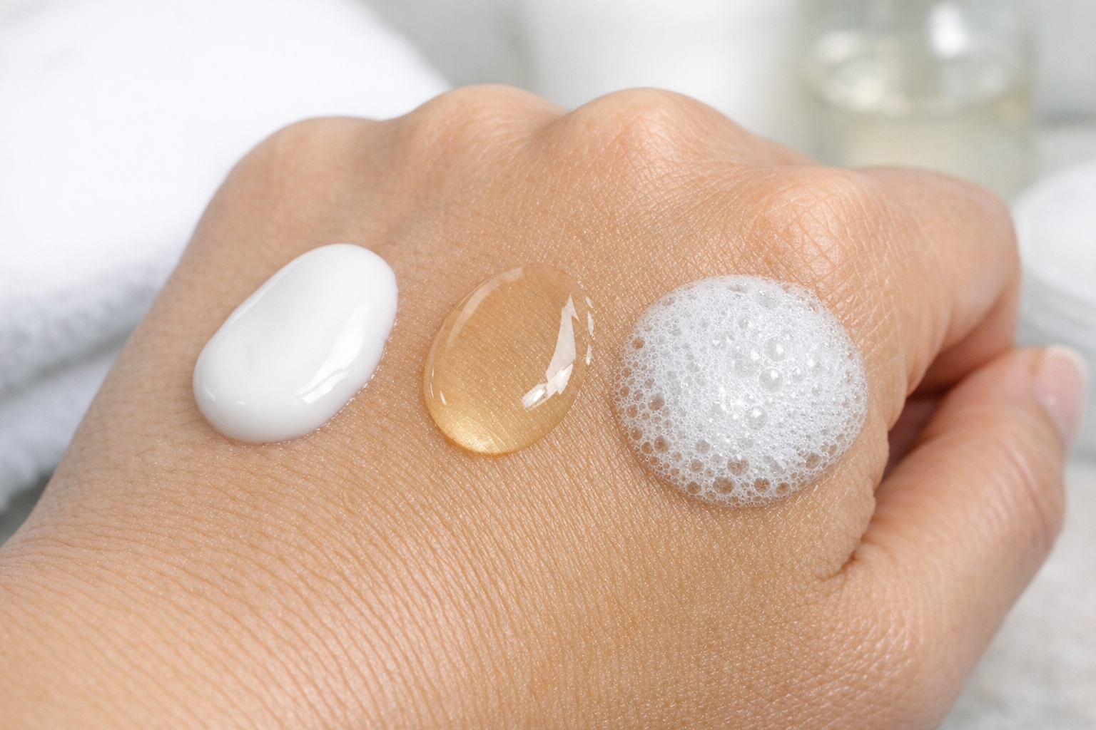 Close-up of three cleanser textures on a hand: milky lotion, clear oil, and foaming gel.