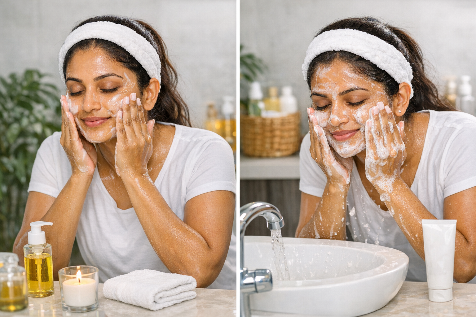 Indian woman double cleansing at a bathroom sink, using an oil-to-milk cleanser and then a gentle face wash.