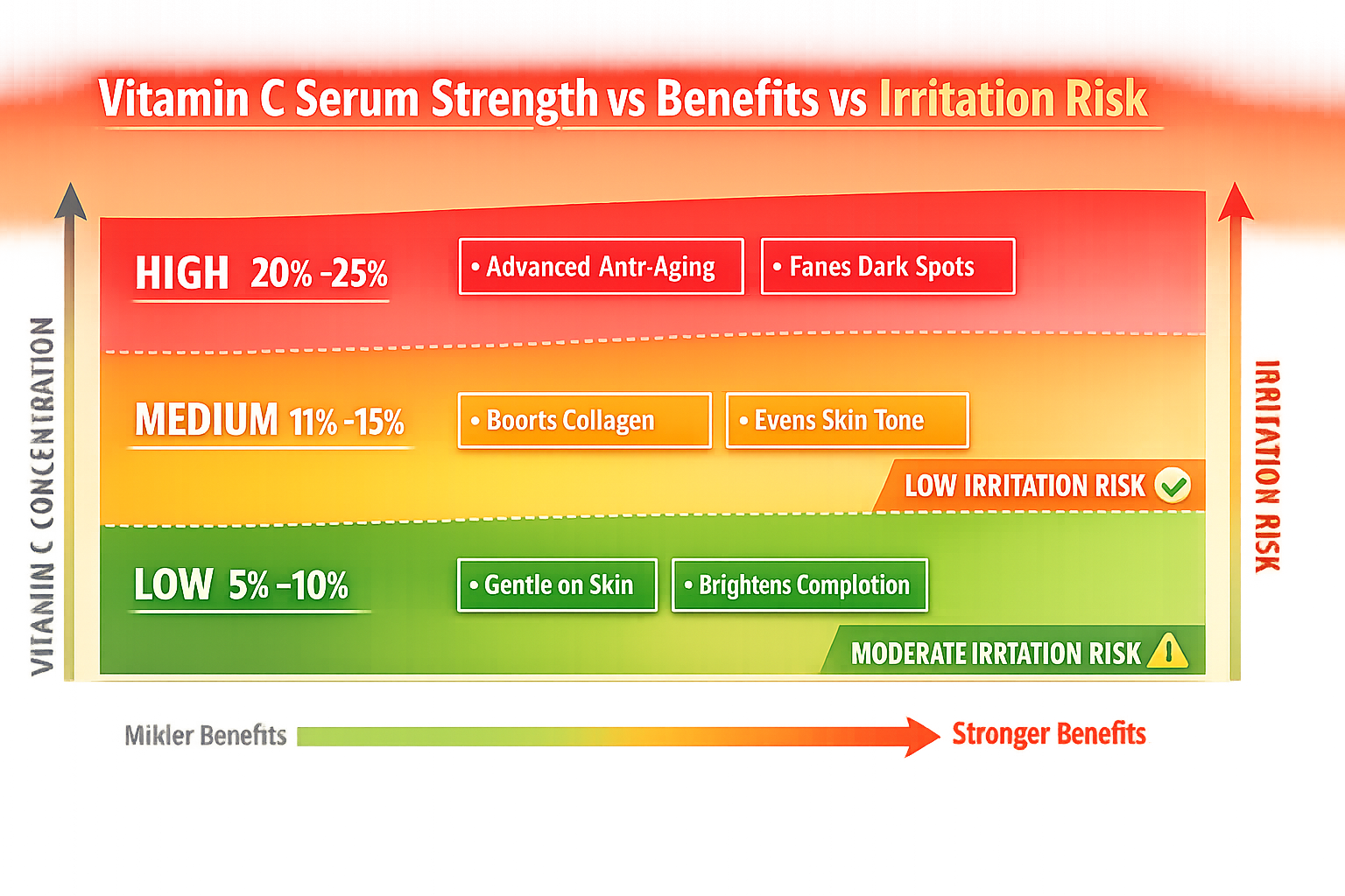 Infographic showing vitamin C serum strength vs benefits vs irritation risk