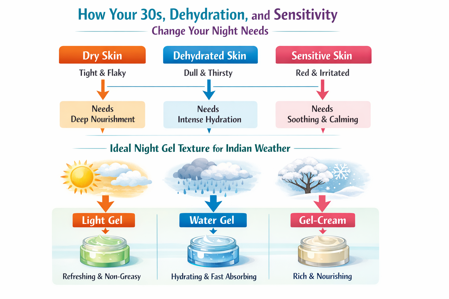 Infographic comparing dry vs dehydrated vs sensitive 30s skin and showing how a night gel supports each concern in Indian weather.