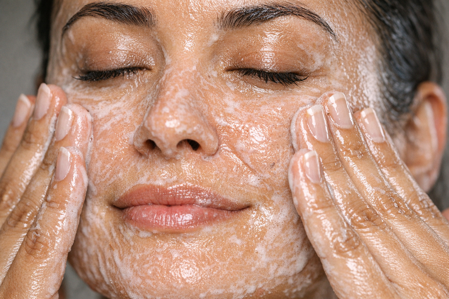 Close-up of hands massaging an oil-to-milk cleanser over foundation on the face