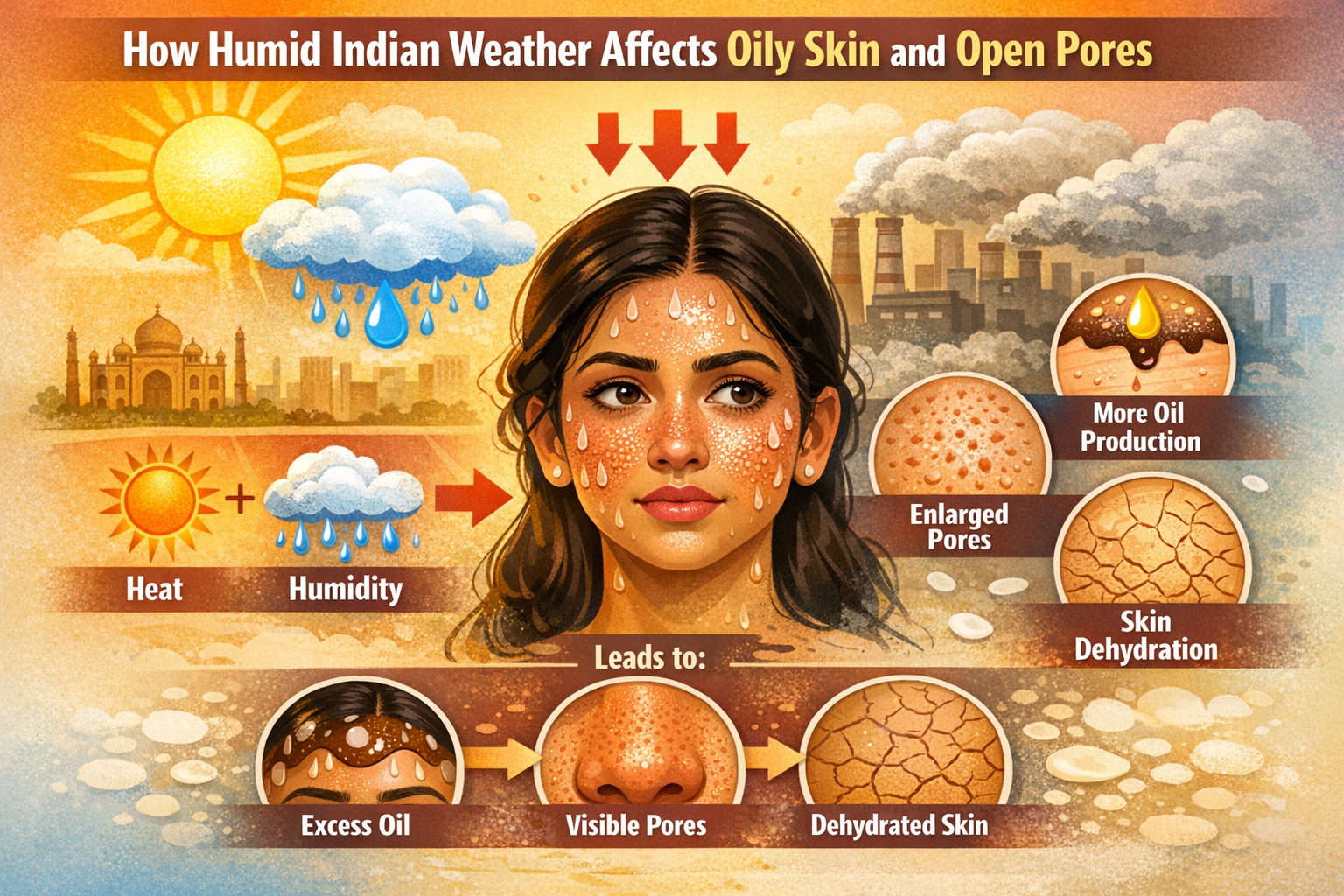 Infographic explaining how hot, humid Indian weather increases sweat, oil and pore visibility on the face.