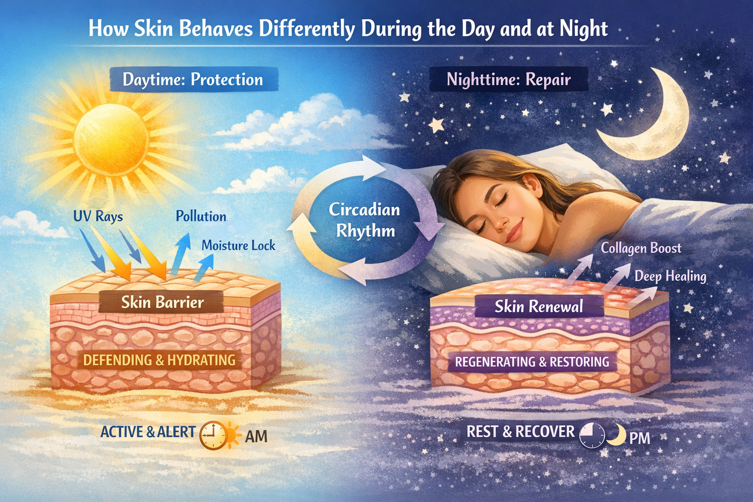 Diagram showing skin protecting itself during the day and repairing at night while a woman sleeps.