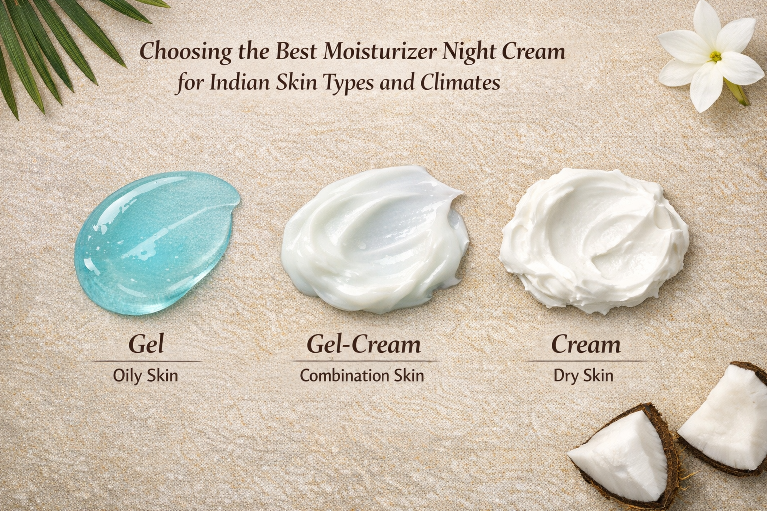 Flatlay of different moisturizer textures – gel, lotion and cream – labeled for oily, combination and dry skin.