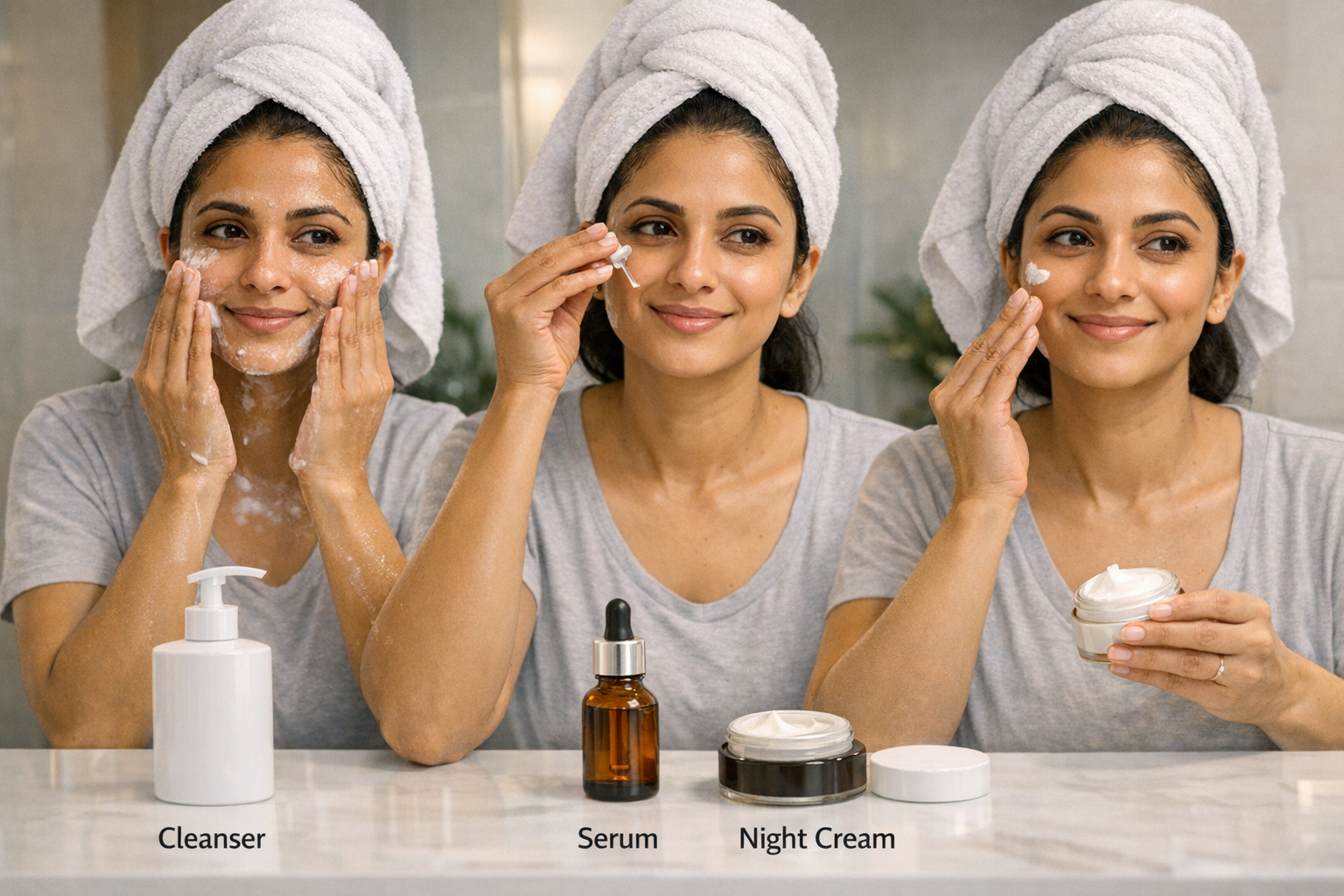 Woman doing a simple night routine: cleanser, serum and night cream in order on her bathroom counter.