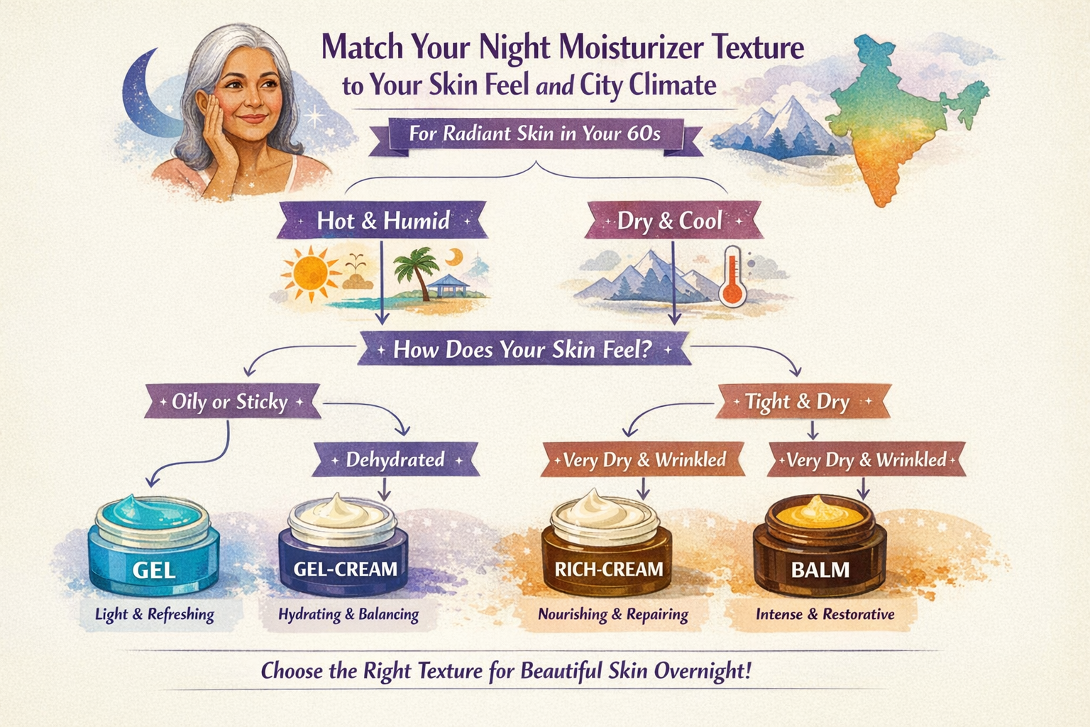 Infographic decision tree showing how people over 60 in India can choose a night moisturizer texture based on climate and skin dryness.