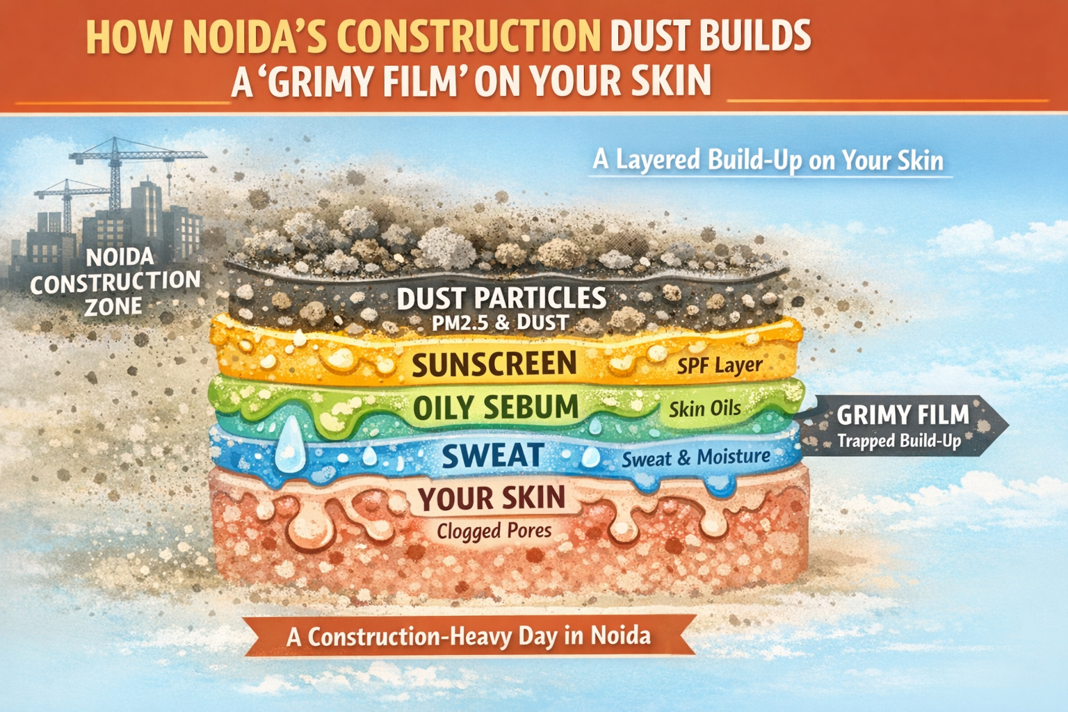 Infographic showing layers of dust, PM2.5, sweat, sebum and sunscreen forming a film on facial skin during a Noida construction-heavy day.