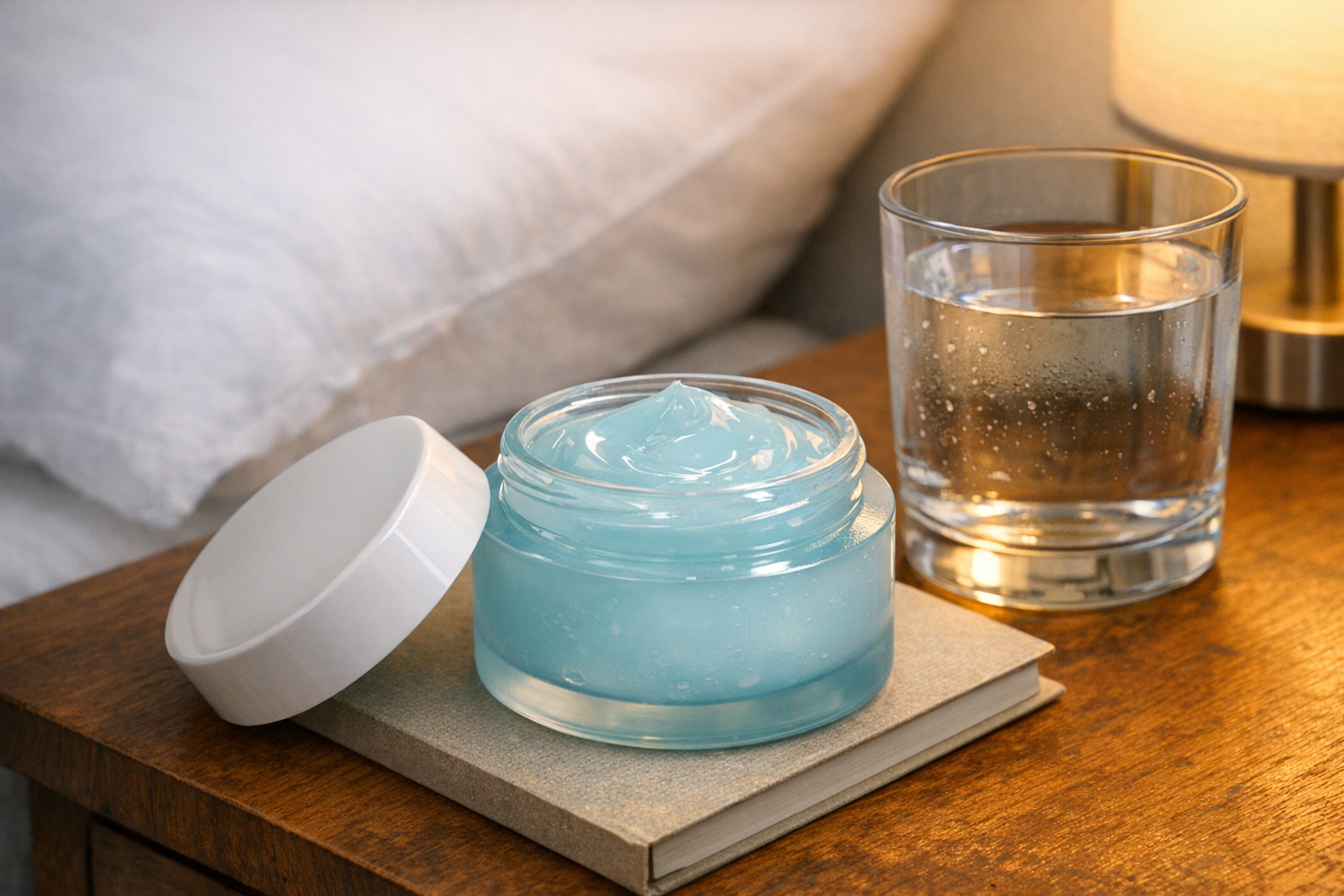 Open jar of lightweight gel night cream on a bedside table next to a glass of water