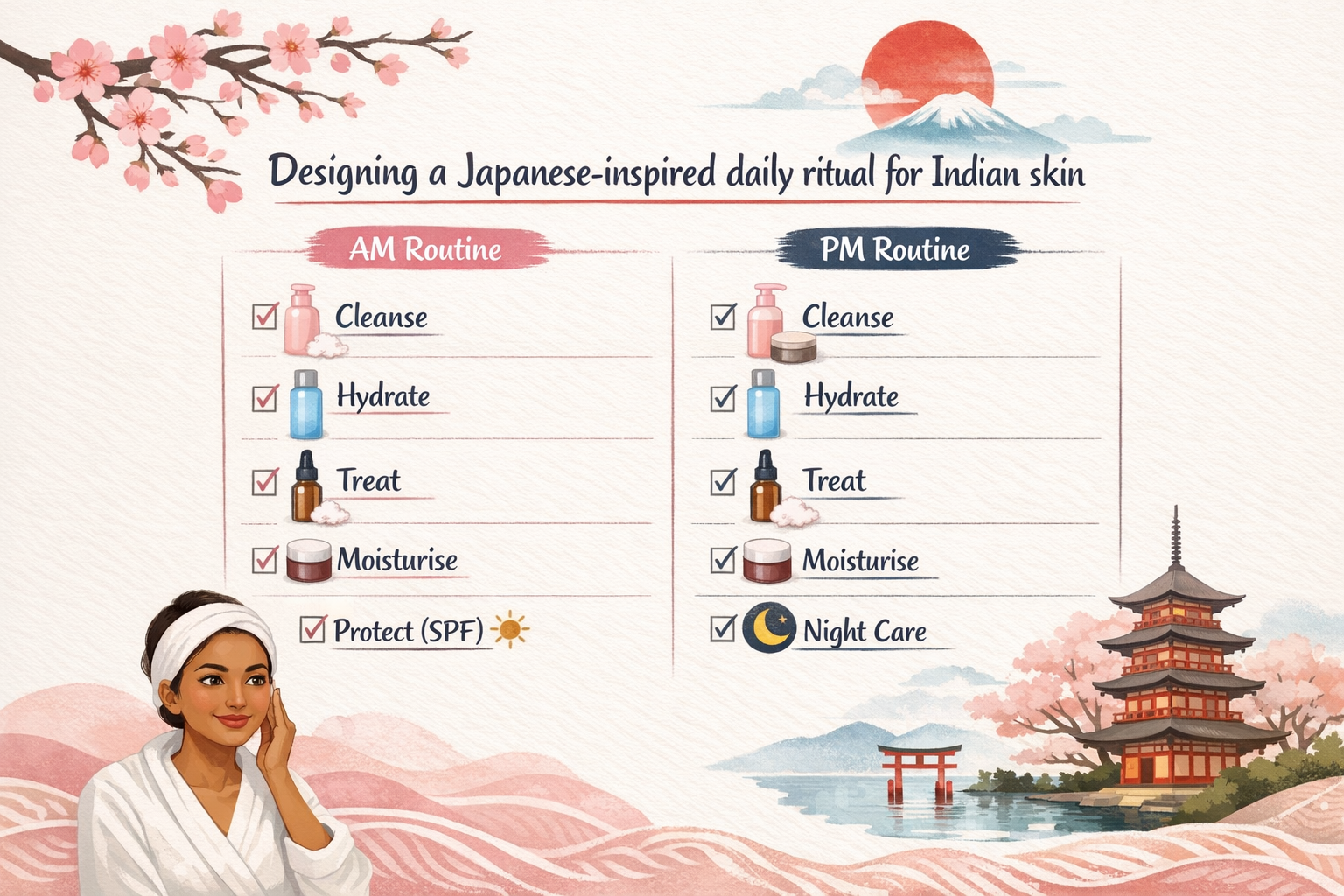 Checklist graphic of a simple AM and PM skincare routine for Indian skin.