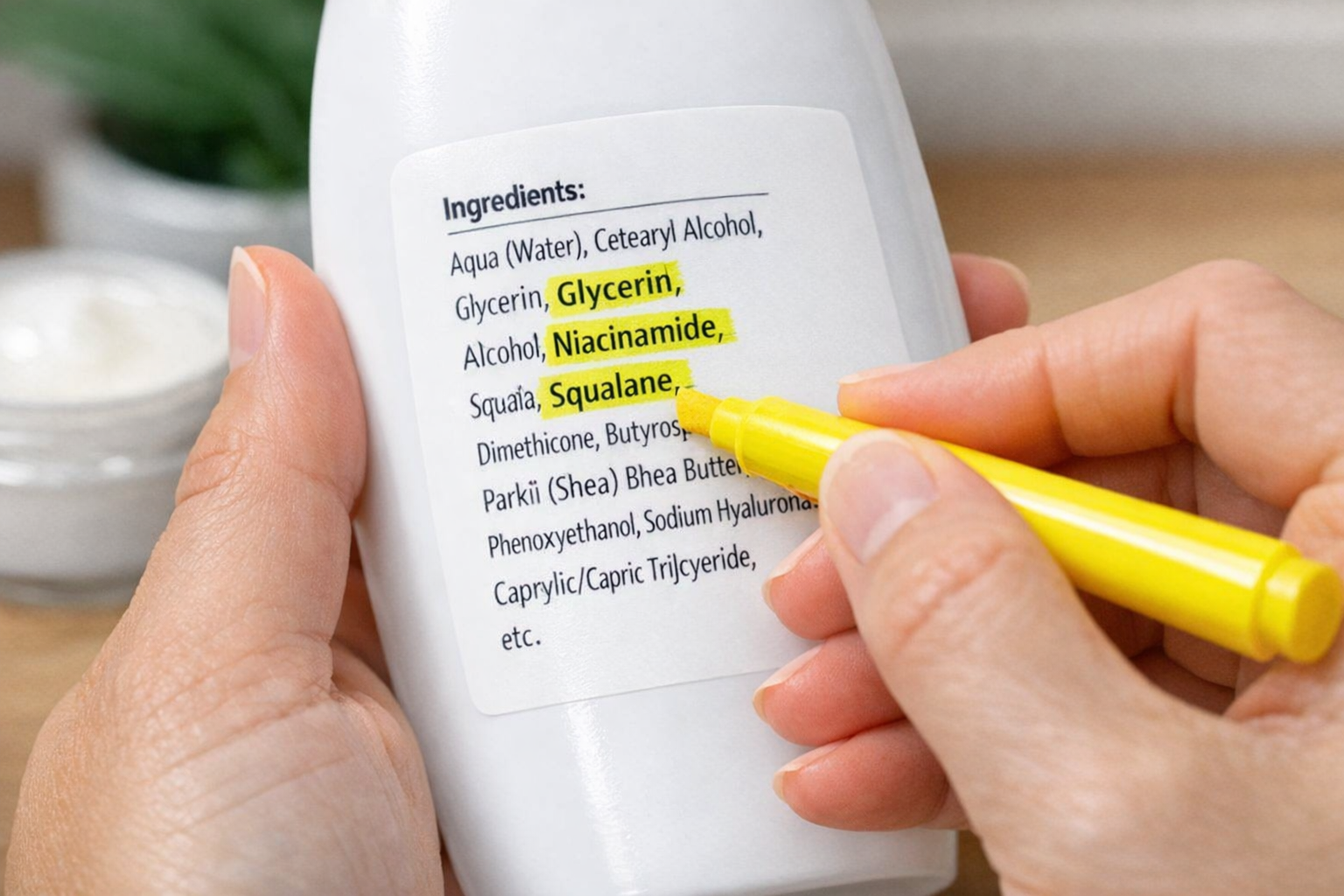 Person reading the ingredient list on a moisturizer bottle and highlighting key words like glycerin, niacinamide and squalane.