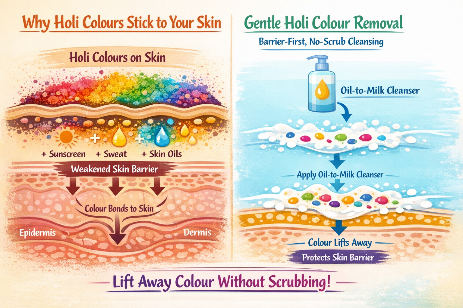 Infographic showing how Holi colours mix with sunscreen, sweat and oil on skin, and a barrier-first, no-scrub cleansing routine.
