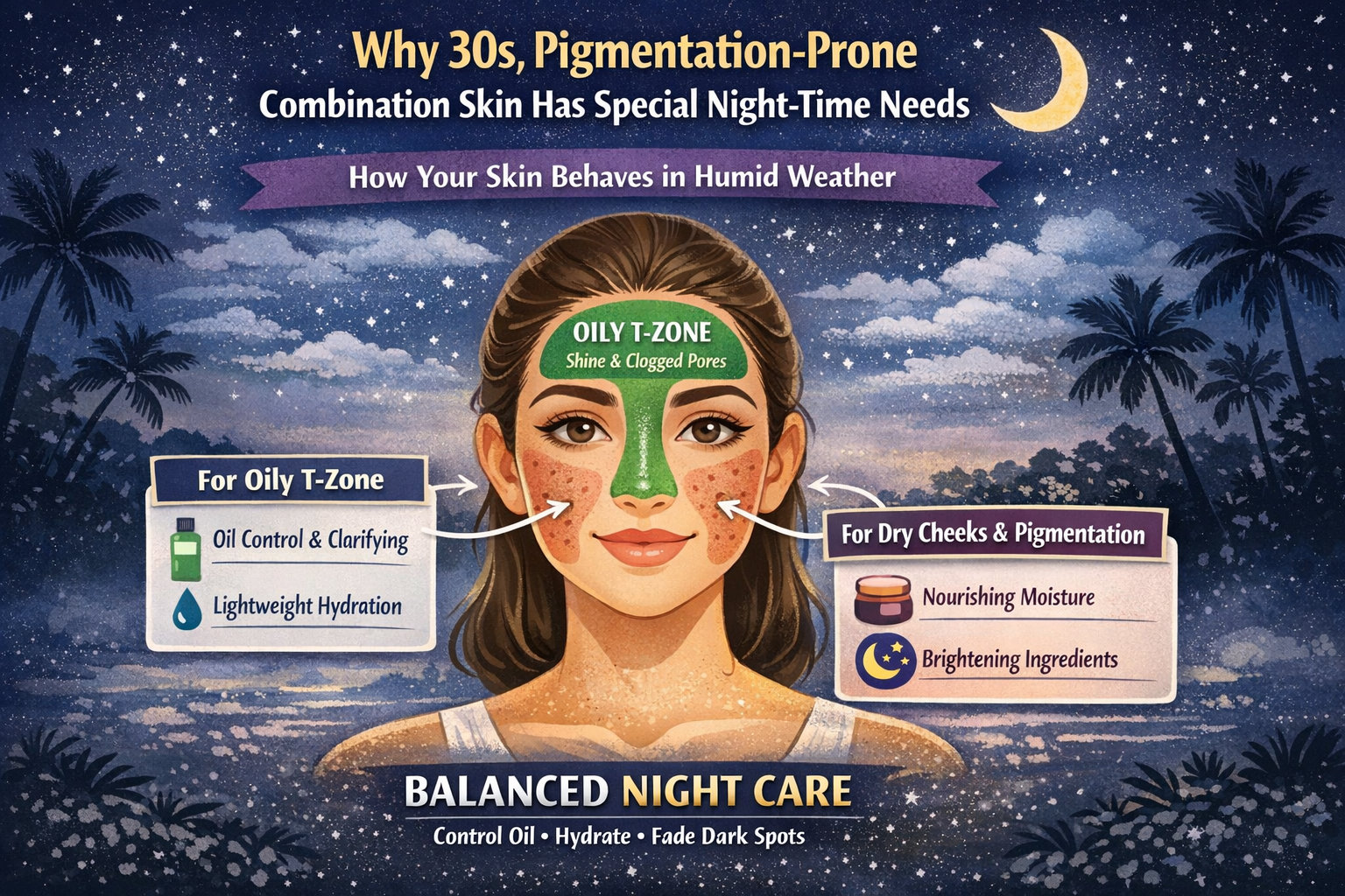 Infographic showing how 30s combination skin behaves differently across T-zone and cheeks in humid weather, and what it needs at night.