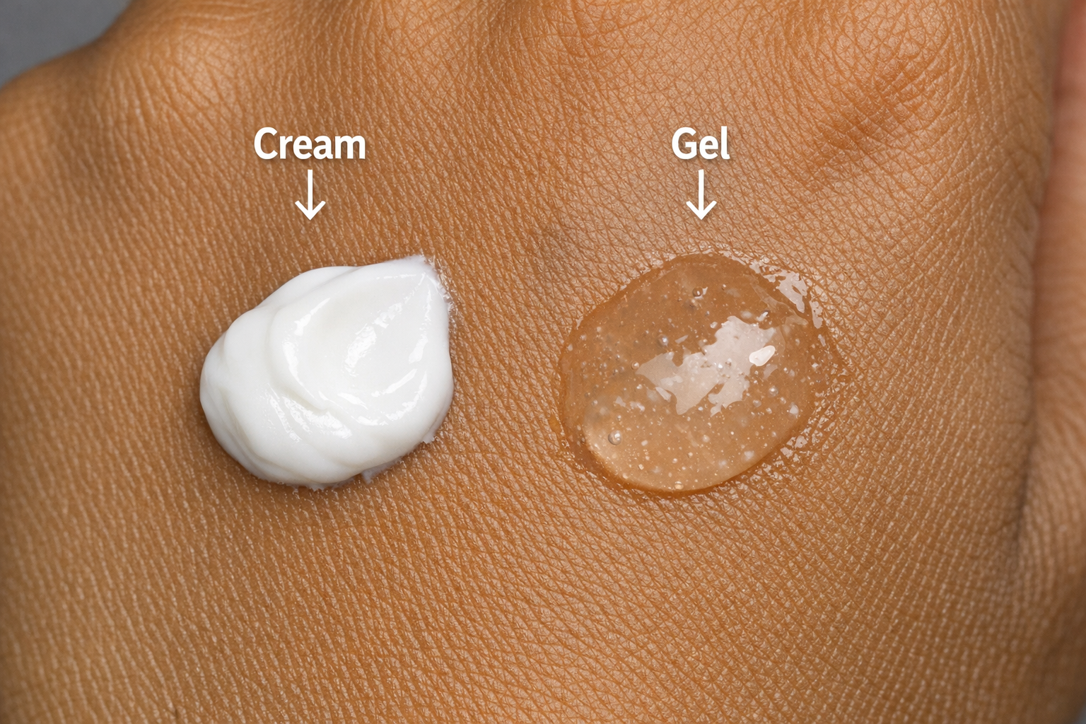 Texture comparison of a thick cream and a translucent gel moisturizer on Indian skin