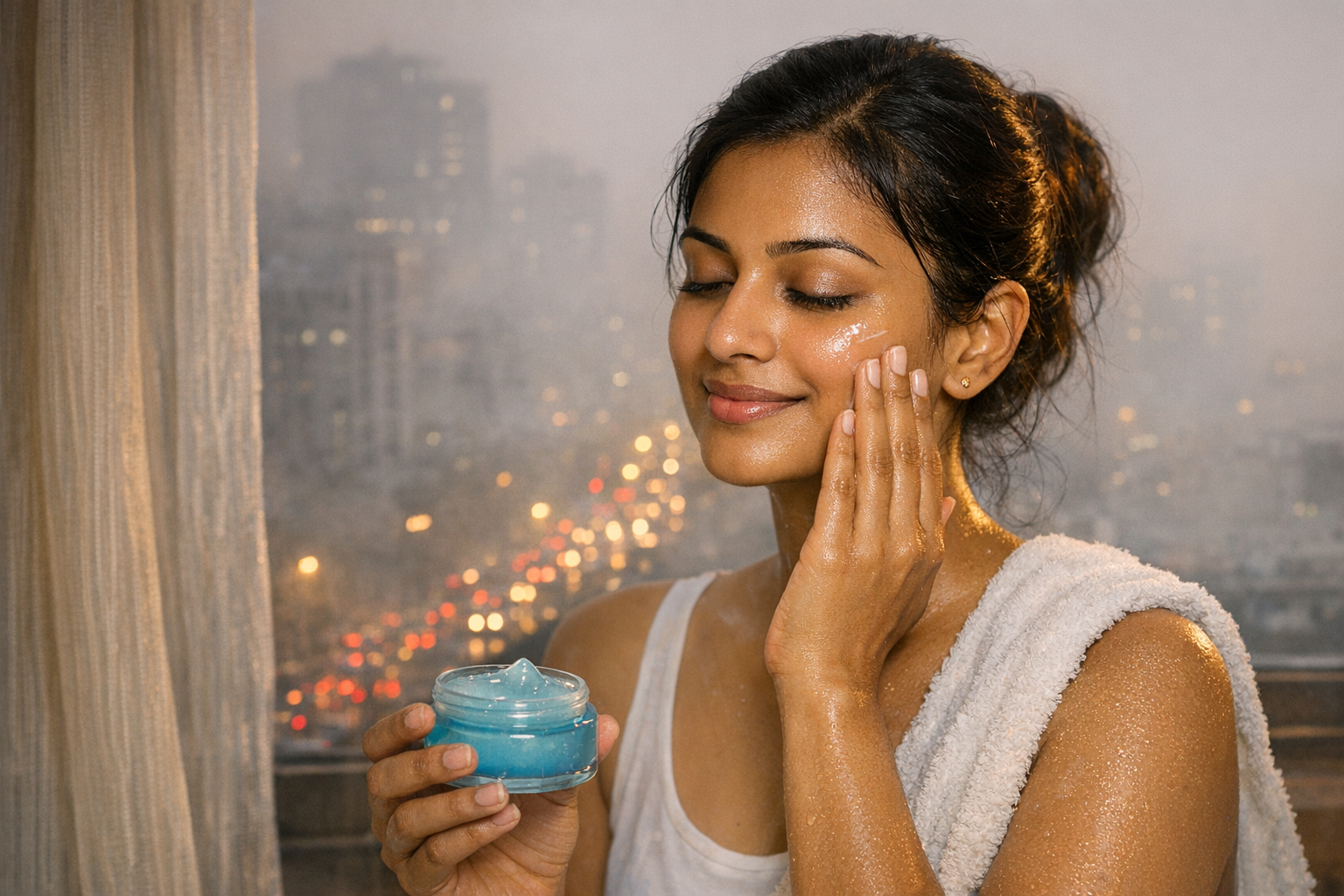 Indian woman applying a lightweight night gel after a humid day in a polluted city