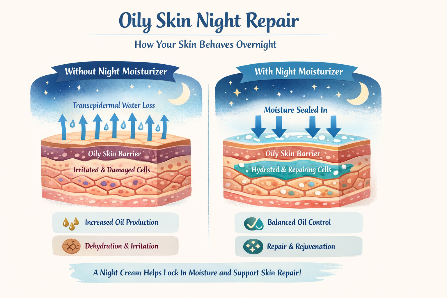 Diagram showing how oily skin repairs itself overnight with and without moisturizer