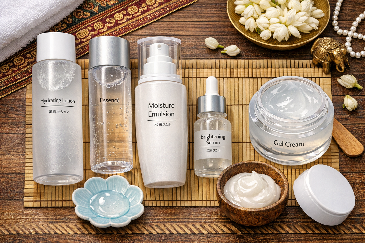 Flatlay of lightweight lotions, serums and gels inspired by Japanese skincare on an Indian vanity