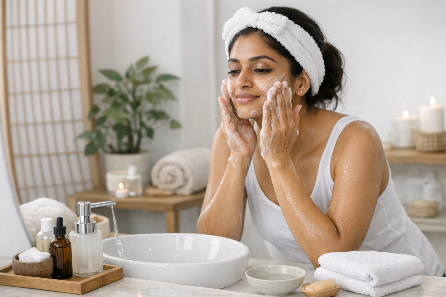 Indian woman following a minimalist Japanese-inspired skincare routine at her bathroom sink