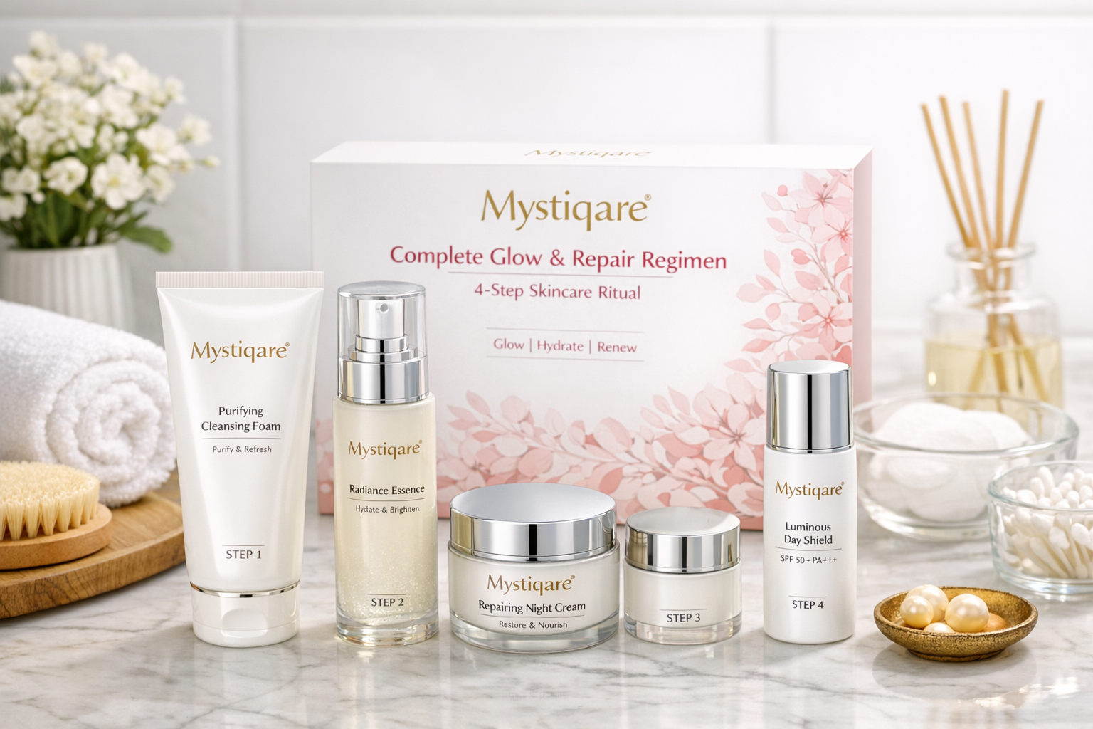 Mystiqare Complete Glow & Repair Regimen four-step skincare kit arranged on a bathroom counter