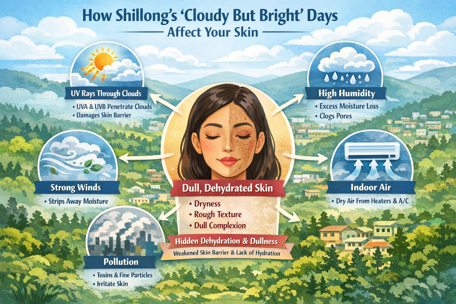 Infographic showing how Shillong’s cloudy-but-bright climate, humidity, wind, indoor air and pollution affect skin hydration and dullness.