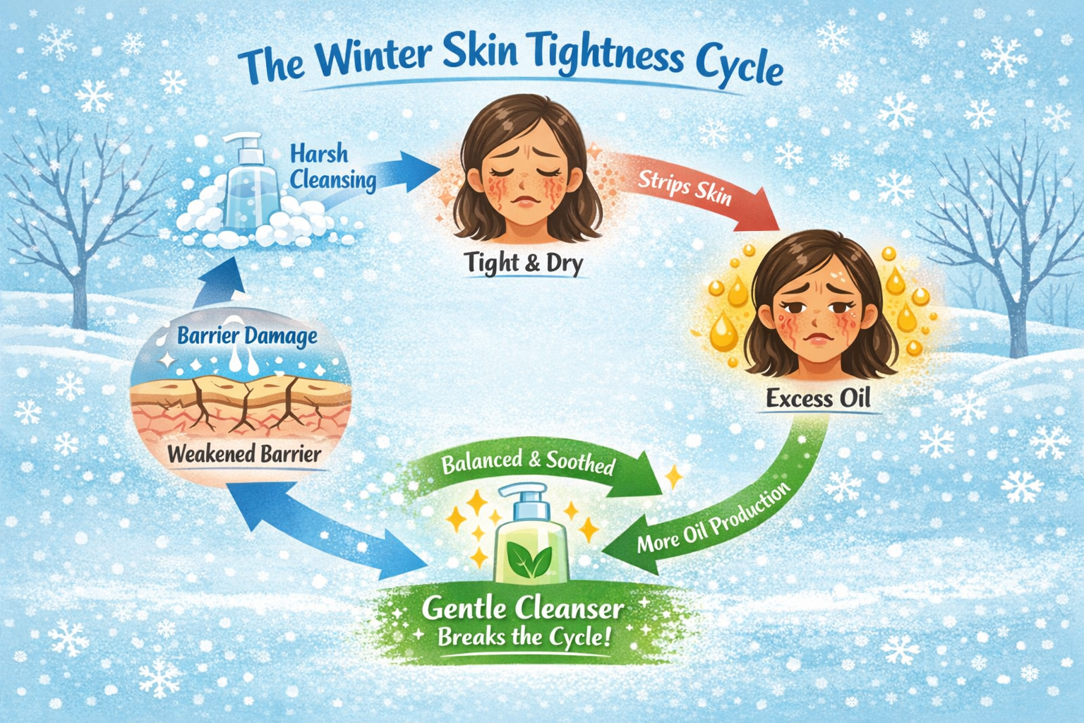 Infographic diagram showing how harsh winter cleansing leads to tight skin, barrier damage and rebound oil production.