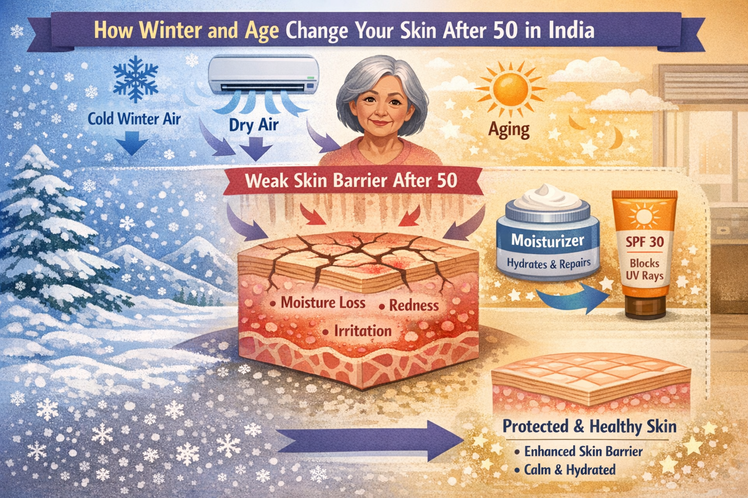 Infographic diagram showing how winter air, indoor AC, and aging weaken the skin barrier after 50 and how moisturizer and sunscreen help protect it.
