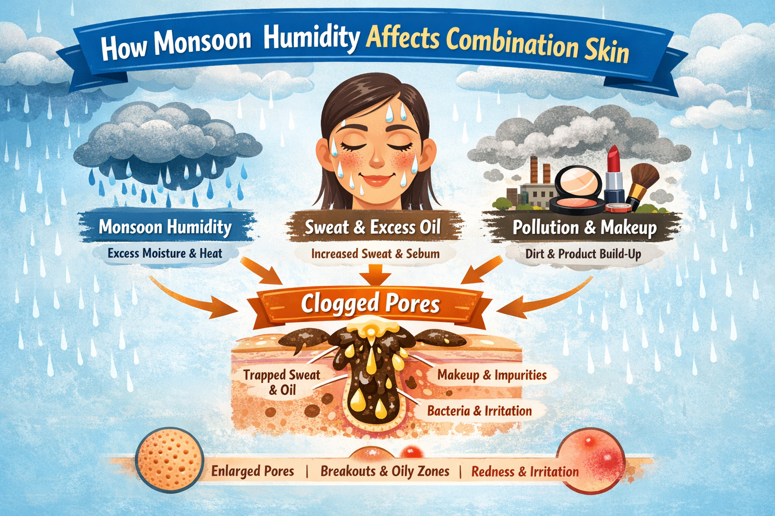 Infographic diagram showing how monsoon humidity affects combination skin and makes pores look larger, with arrows from sweat, oil and pollution to clogged pores.